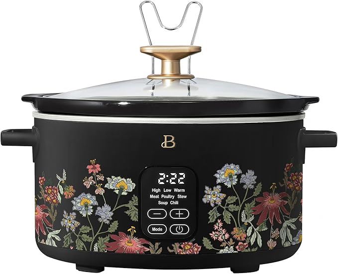 Beautiful 6 Qt Programmable Slow Cooker by Drew Barrymore - 5 Preset Cooking Functions, Digital Countdown Timer, Dishwasher-Safe Parts and Cool-Touch Handles (Wildflower Black Sesame)