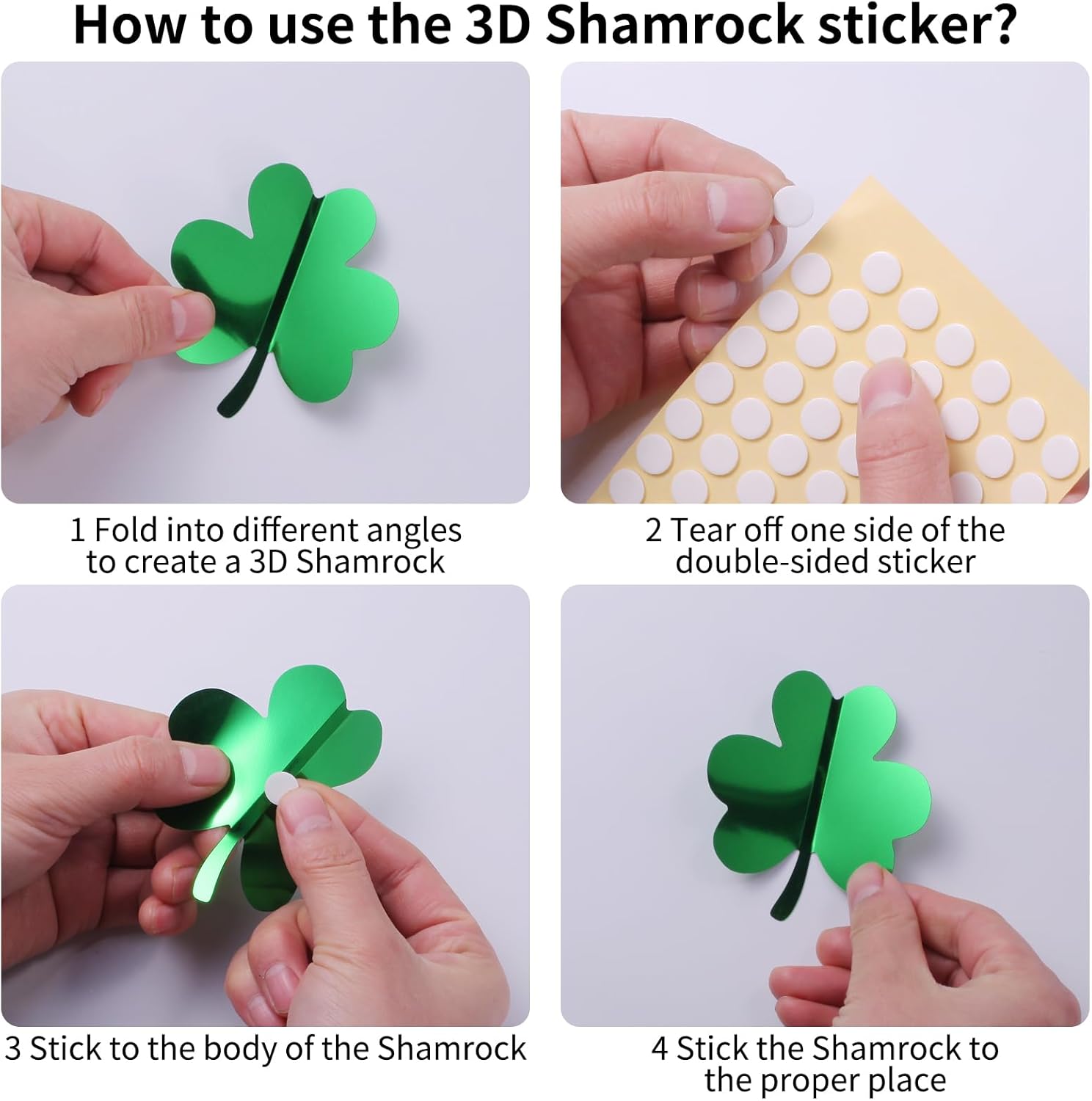 60 Pcs St. Patrick's Day Shamrock Wall Stickers, 3D Green Lucky Shamrock Wall Decor, Waterproof Wall Decals, for Spring Holiday Party Bedroom Home Office School Decor, 4 Different Sizes