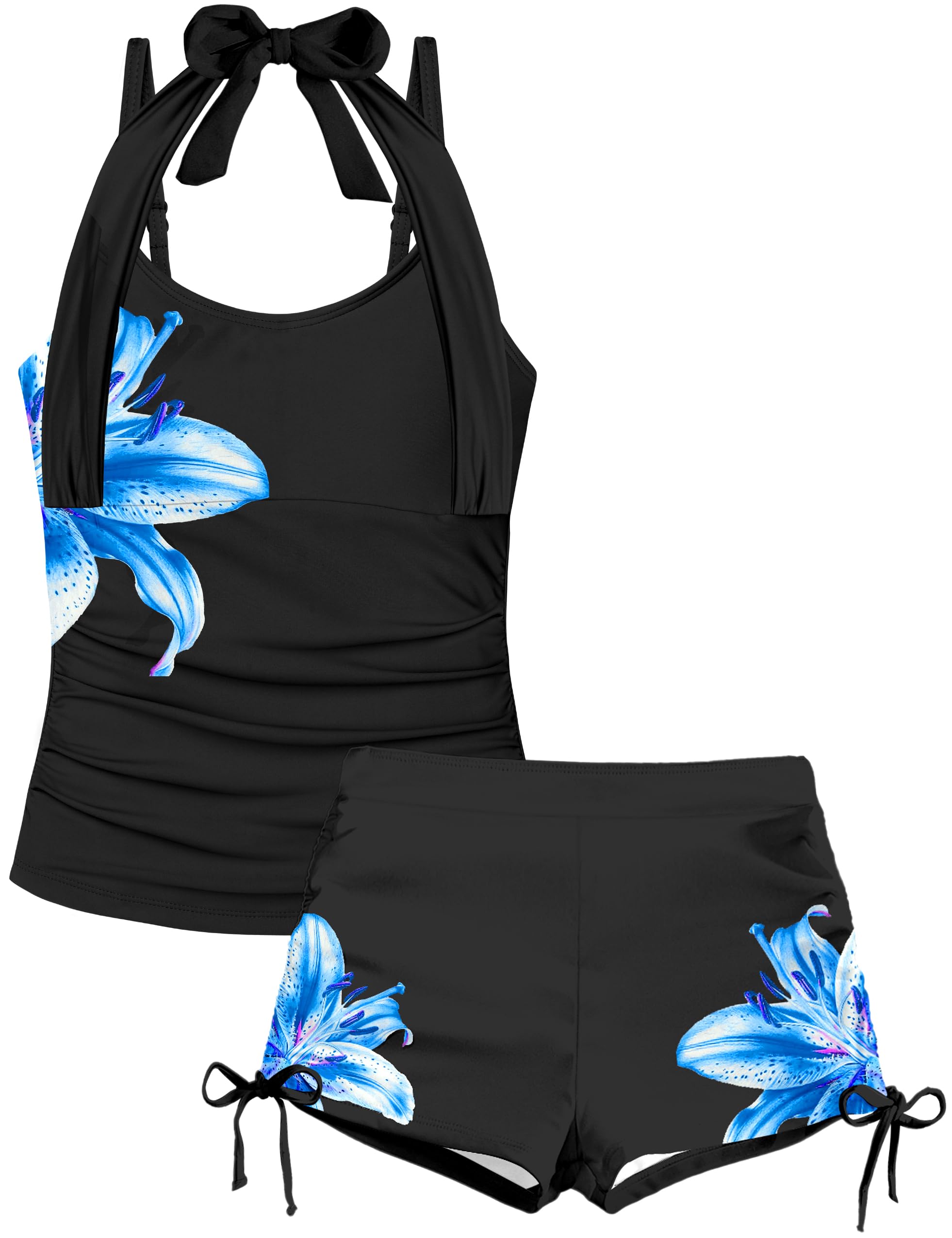 Girls Swimsuit 2 Piece Halterneck Girls Tankini Swimsuit Drawstring Printed Swim Shorts Girl Bathing Suit for 7-18T