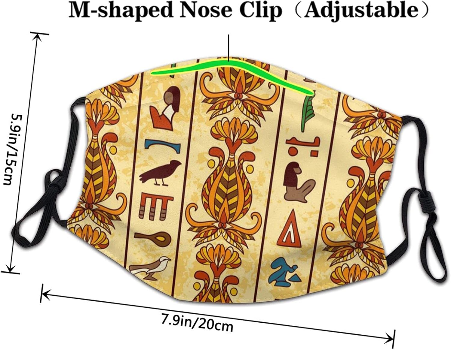 Face Masks Ornament with Ancient Egyptian Hieroglyphs Dust Adjustable Breathable Sunscreen Face