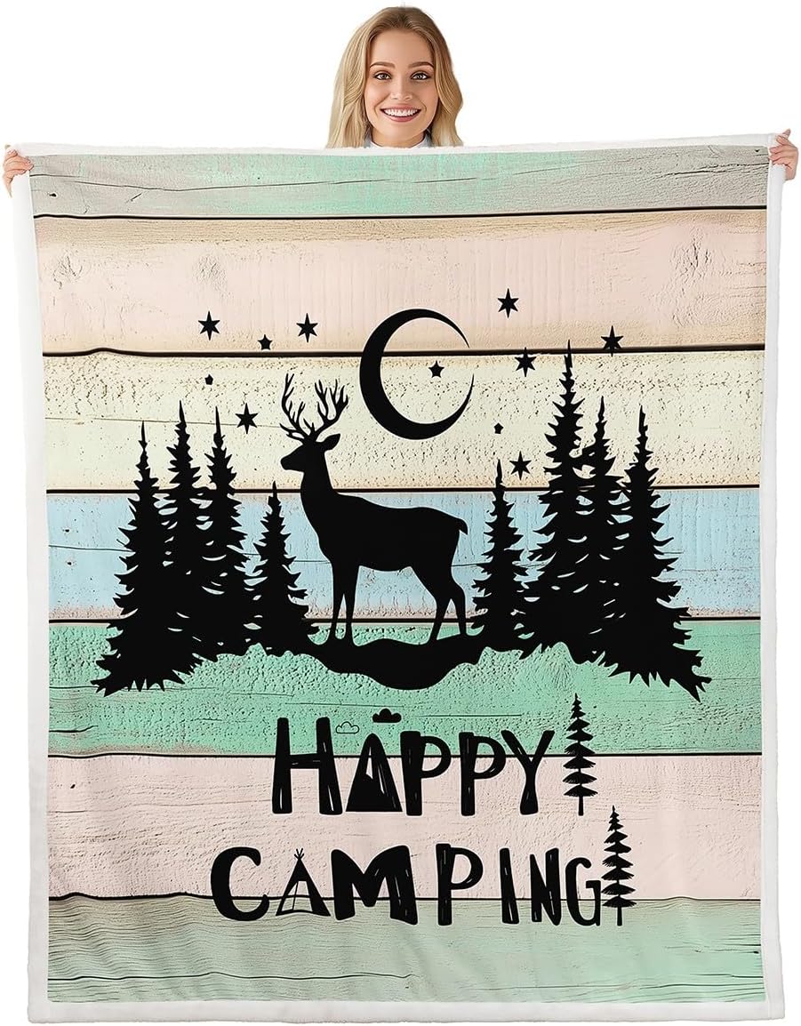 Camper Fleece Blanket Twin 60"X80" Happy Camping Throw Blanket Retro Rustic Farmhouse Sherpa Blanket Summer Camp Car Plush Bed Blanket Hawaii Holiday Palm Tree Soft Warm Flannel Blanket for Bed Couch