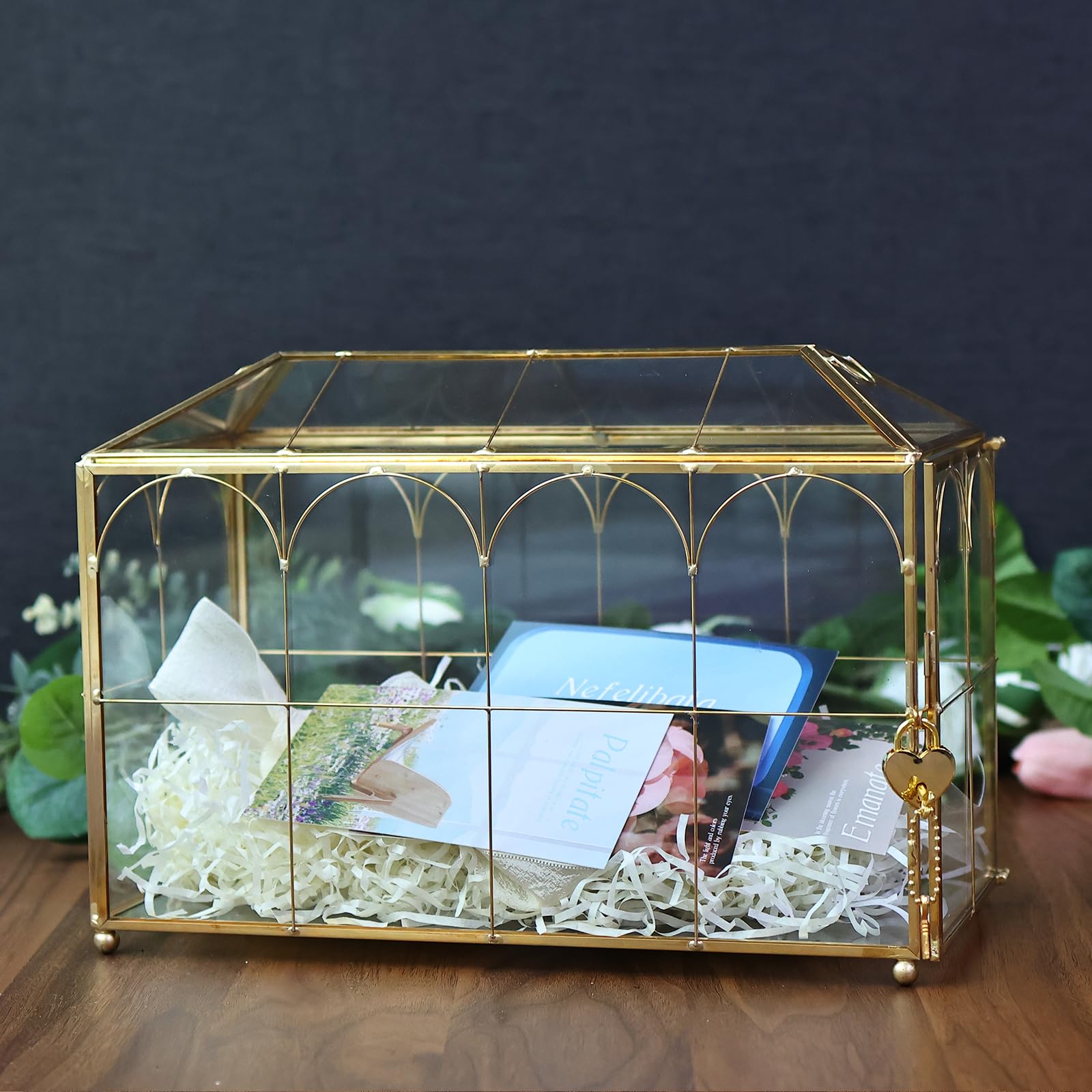 HighFree Hochzeitskarten-Glasbox mit Schlitz & Schloss, extra großes handgefertigtes geometrisches Terrarium, goldklare Display-Glaskarten-Box mit dekorativen Linien, für Hochzeitsempfang, Wunschgut,