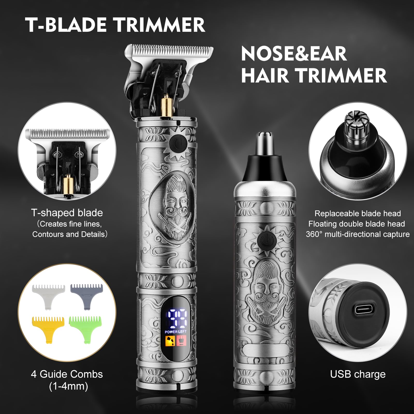 Dumite Professionelle Haarschneidemaschine für Herren, Haarschneidemaschine, T-Klingen-Trimmer, Elektrorasierer und Nasenhaarschneider-Set, 4-in-1, schnurloses Friseur-Haarschneide-Set, LCD-Display,