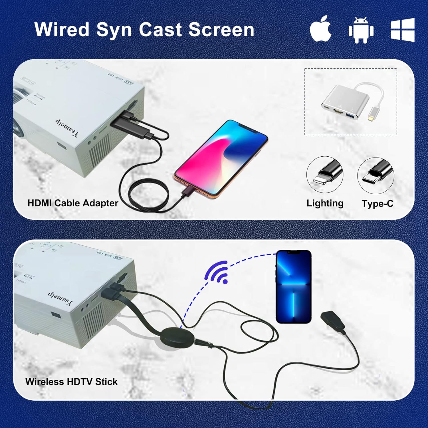 Image showing the compact size of the Ysametp Mini Projector and its included drawstring backpack
