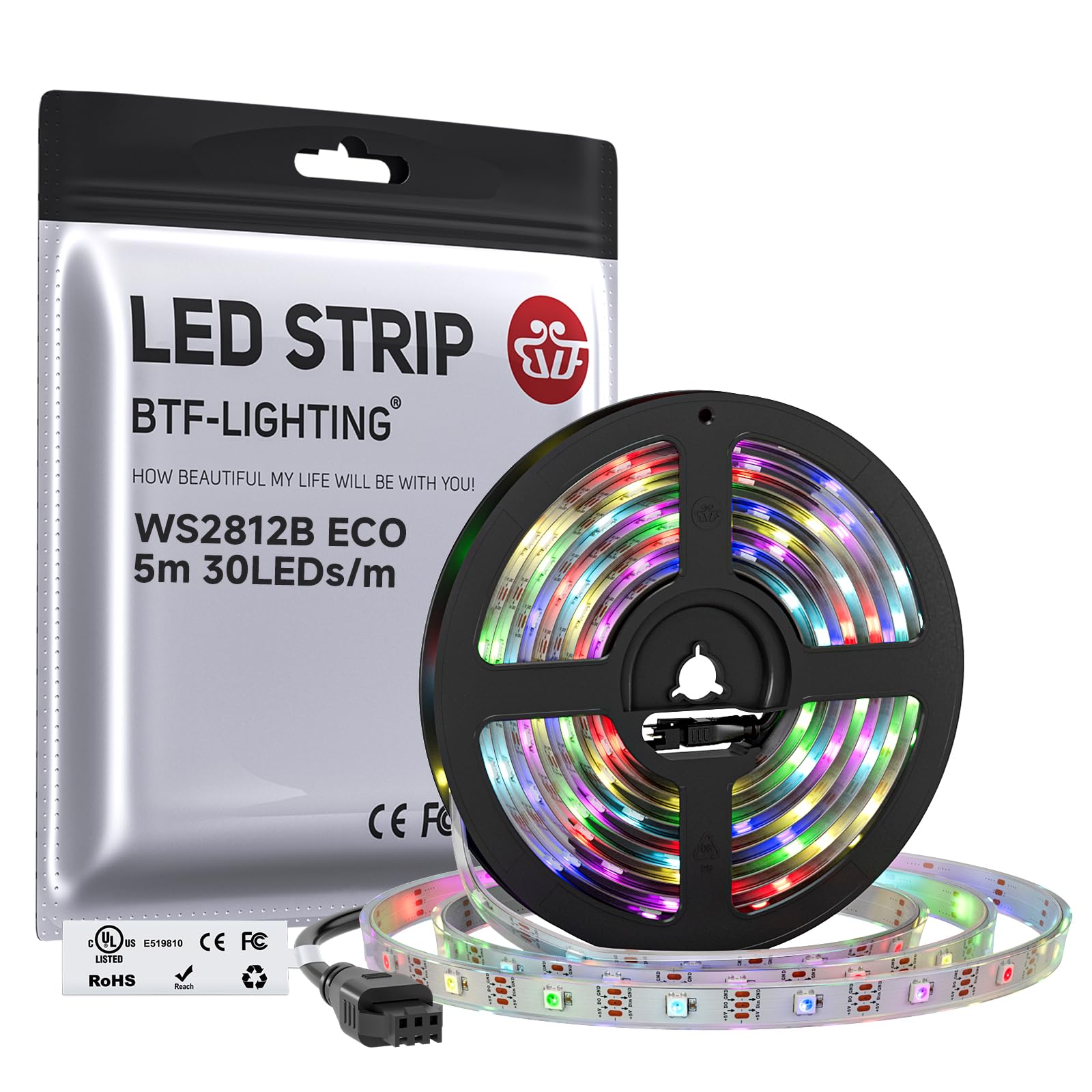 BTF-LIGHTING WS2812B IC RGB LED Strip,UL Listed,DC5V 16.4FT 150LED IP67