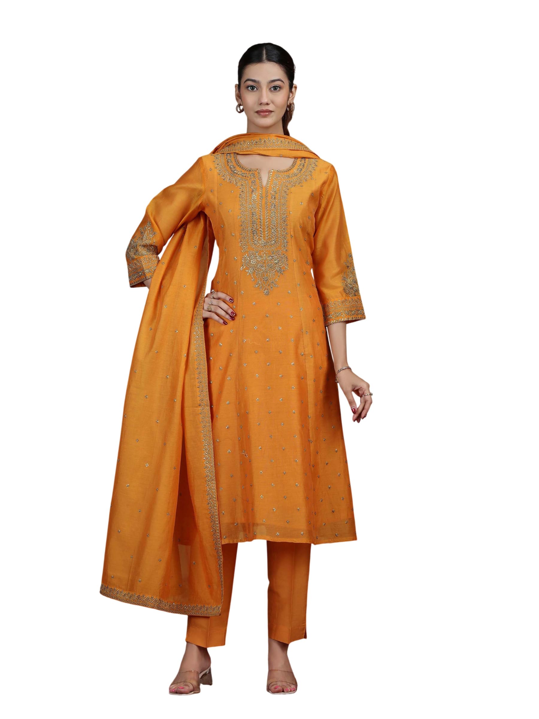 Light Orange Embroidered Straight Kurta Set with Dupatta-image-13