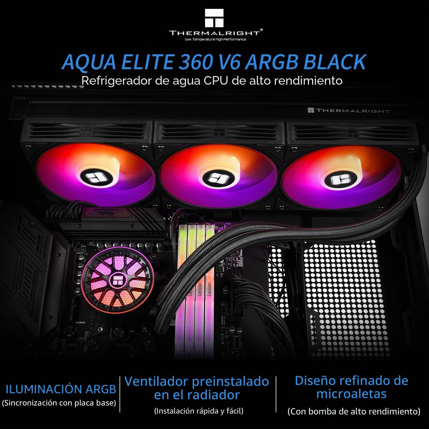 Thermalright Aqua Elite 360 V6 ARGB Black CPU - Refrigerador de líquido (360 filas de refrigeración, 3 x 120 mm, AM4/AM5, Intel LGA115X/1200/2011/1700/1851, AIO CPU)
