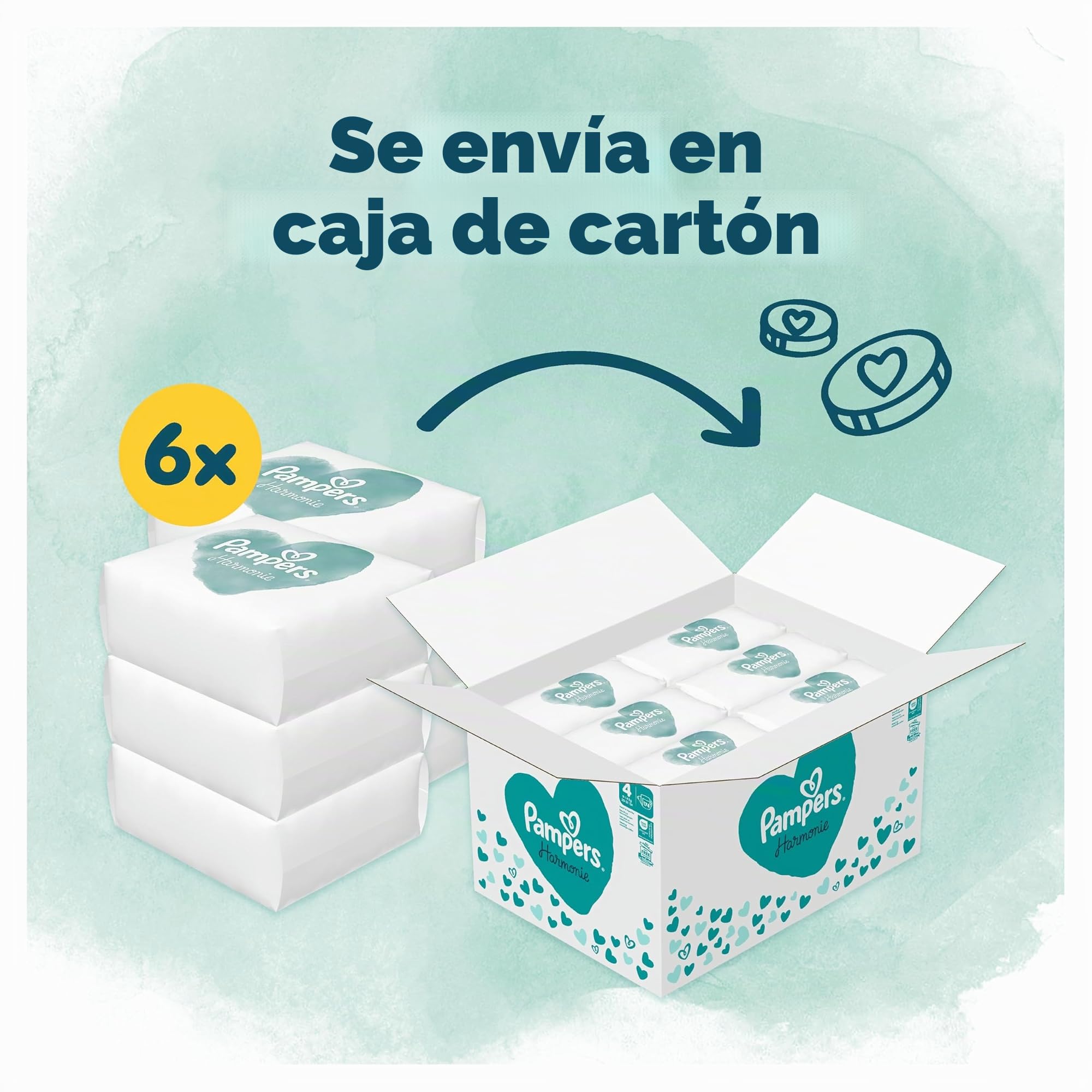 Pampers Pañales para bebé tamaño 4 (9-14 kg) armonía, caja mensual, protección suave de la piel e ingredientes a base de plantas, 174 unidades