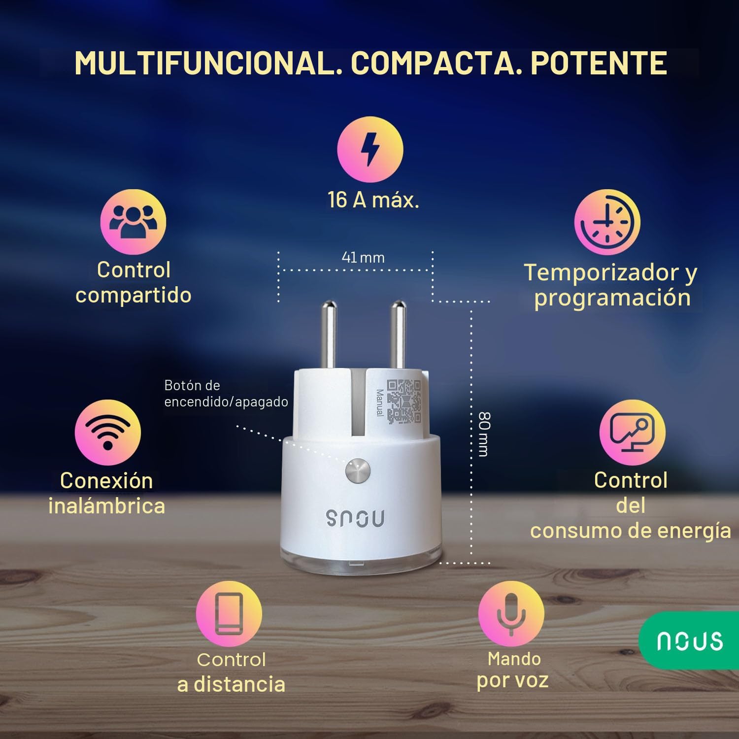 Nous A1 WiFi Enchufe inteligente con proteccion sobretension, medidor consumo, mando a distancia, temporizador. Programable Google Home, Tuya smart life, Alexa enchufes. Kit plug domotica