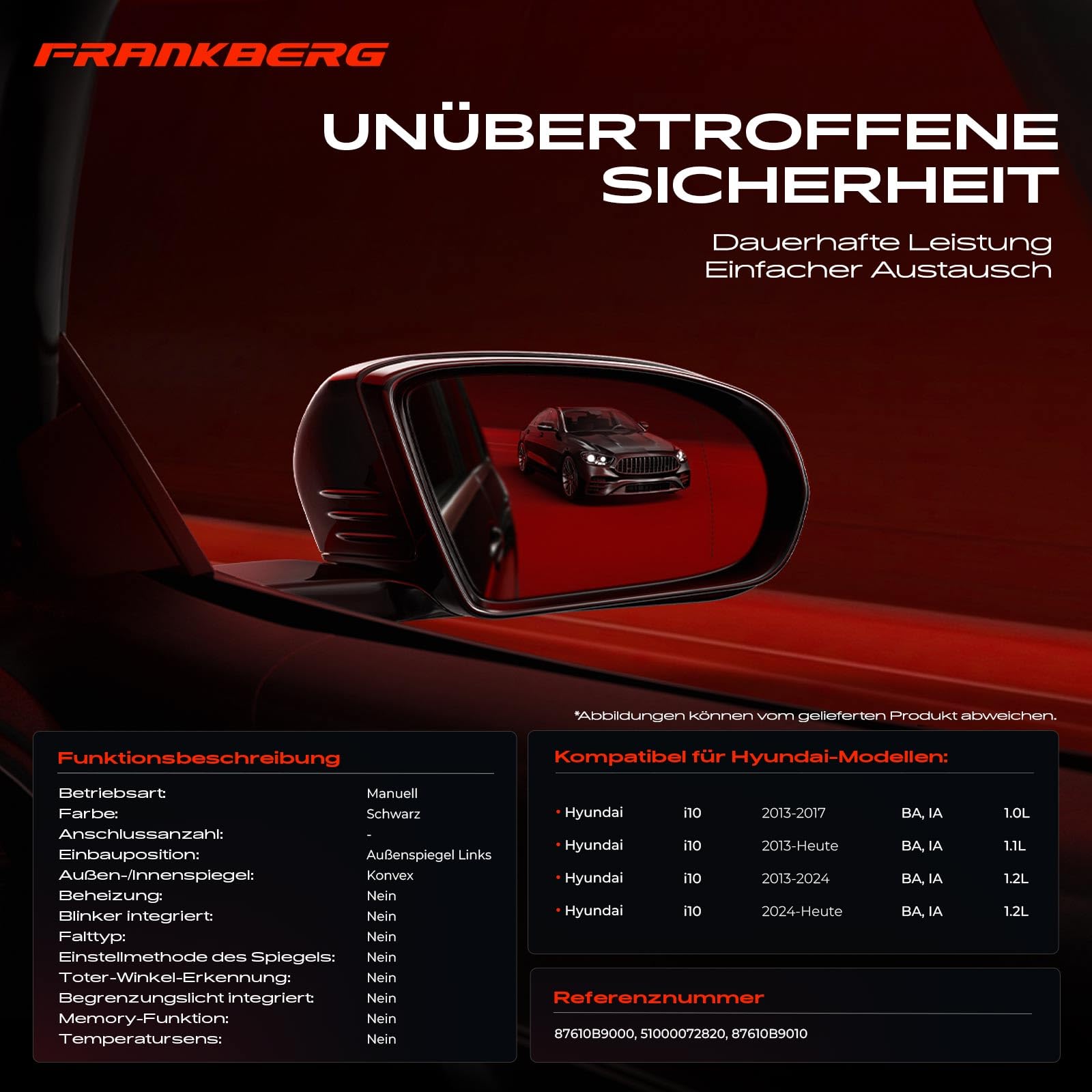Frankberg Specchietto retrovisore esterno regolazione manuale a sinistra | Compatibile con: i10 BA IA