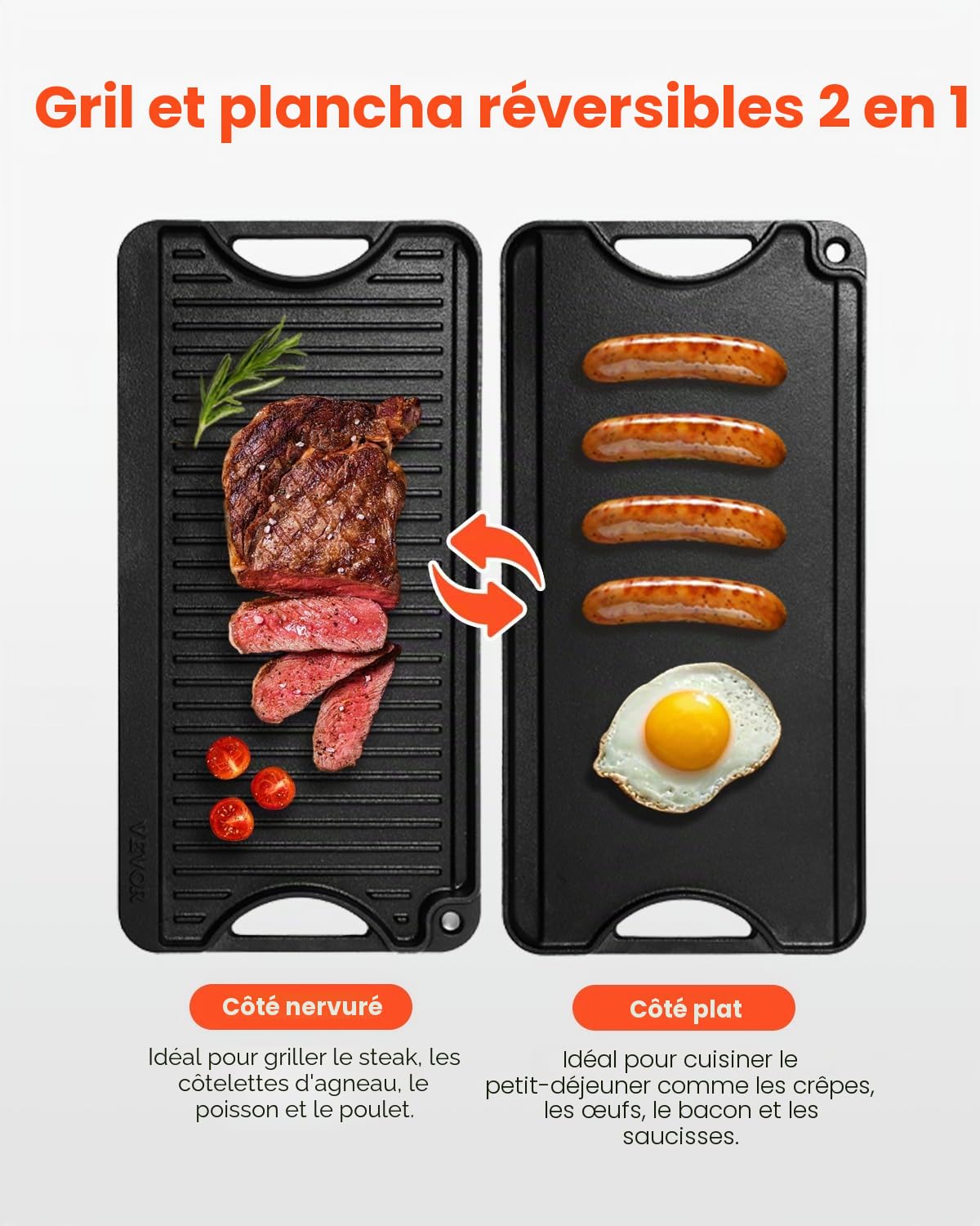 VEVOR Plaque de cuisson réversible en fonte, 492x218 mm, plaque-gril pré-assaisonnée portable avec poignée, poêle à griller pour brûleur de cuisinière intérieur/extérieur, gaz, barbecue camping, noir