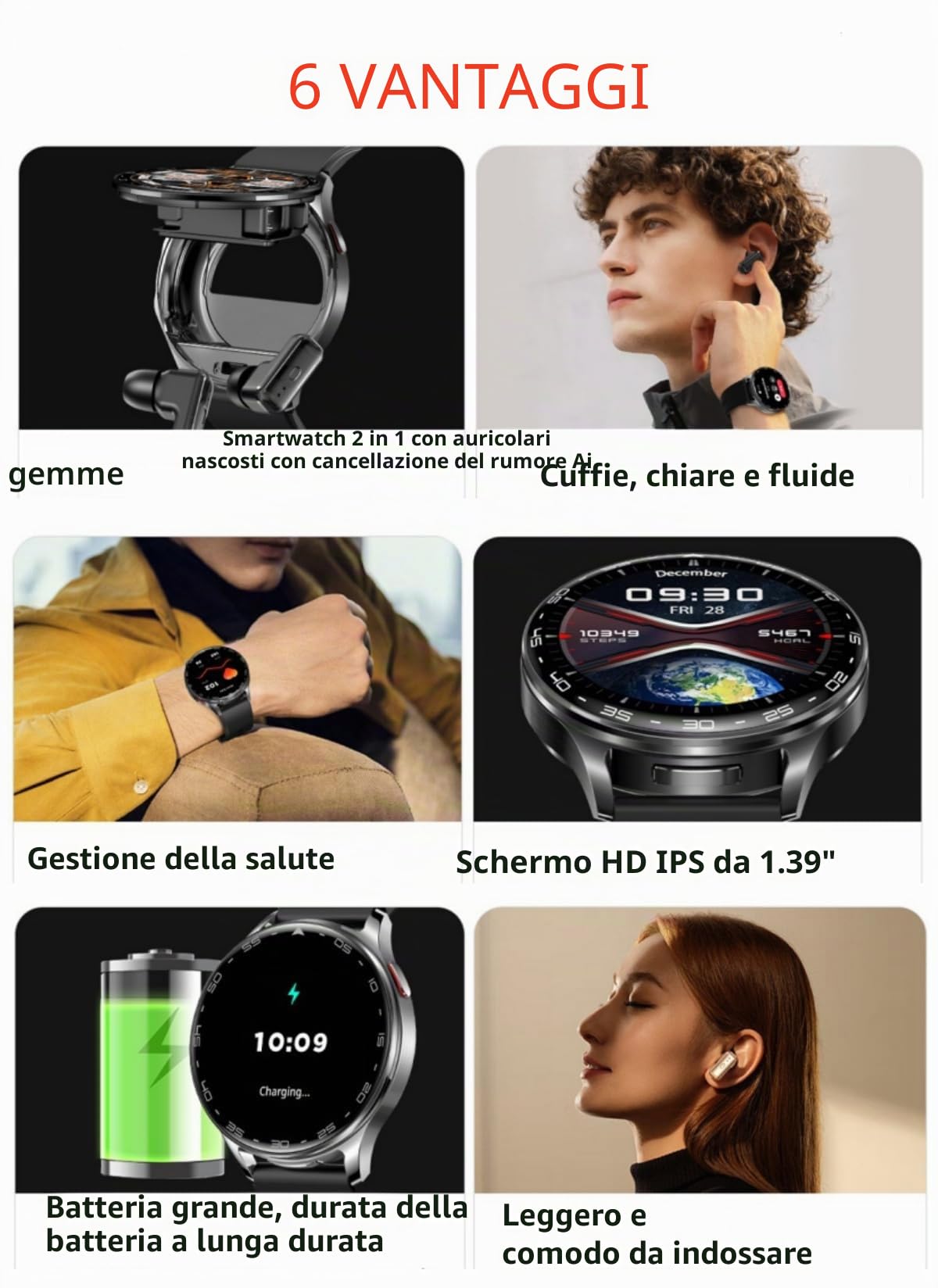 Zephyrion Smart Watch TWS Auricolari per Android iOS, Orologio Sportivo Rotondo da 1,39 pollici, Promemoria per i Messaggi, Monitoraggio della Frequenza Cardiaca e dell'ossigeno nel Sangue (Argento)
