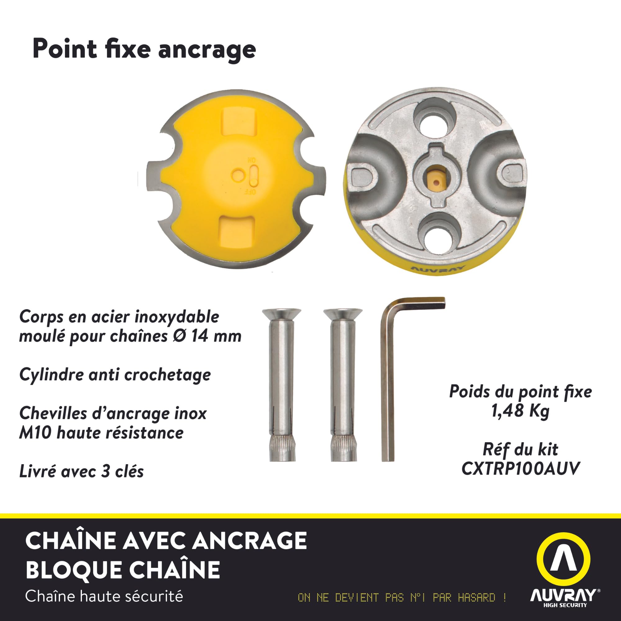 AUVRAY - Ancrage au sol ou mural avec chaine SRA 1M-CHAINE XTREM PROTECT D. 13,5 L. 100-Protection maximale-Bloc de Condamnation-Double Verrouillage-Cylindre Haute Sécurité-Anti-Crochetage Anti-Sciage