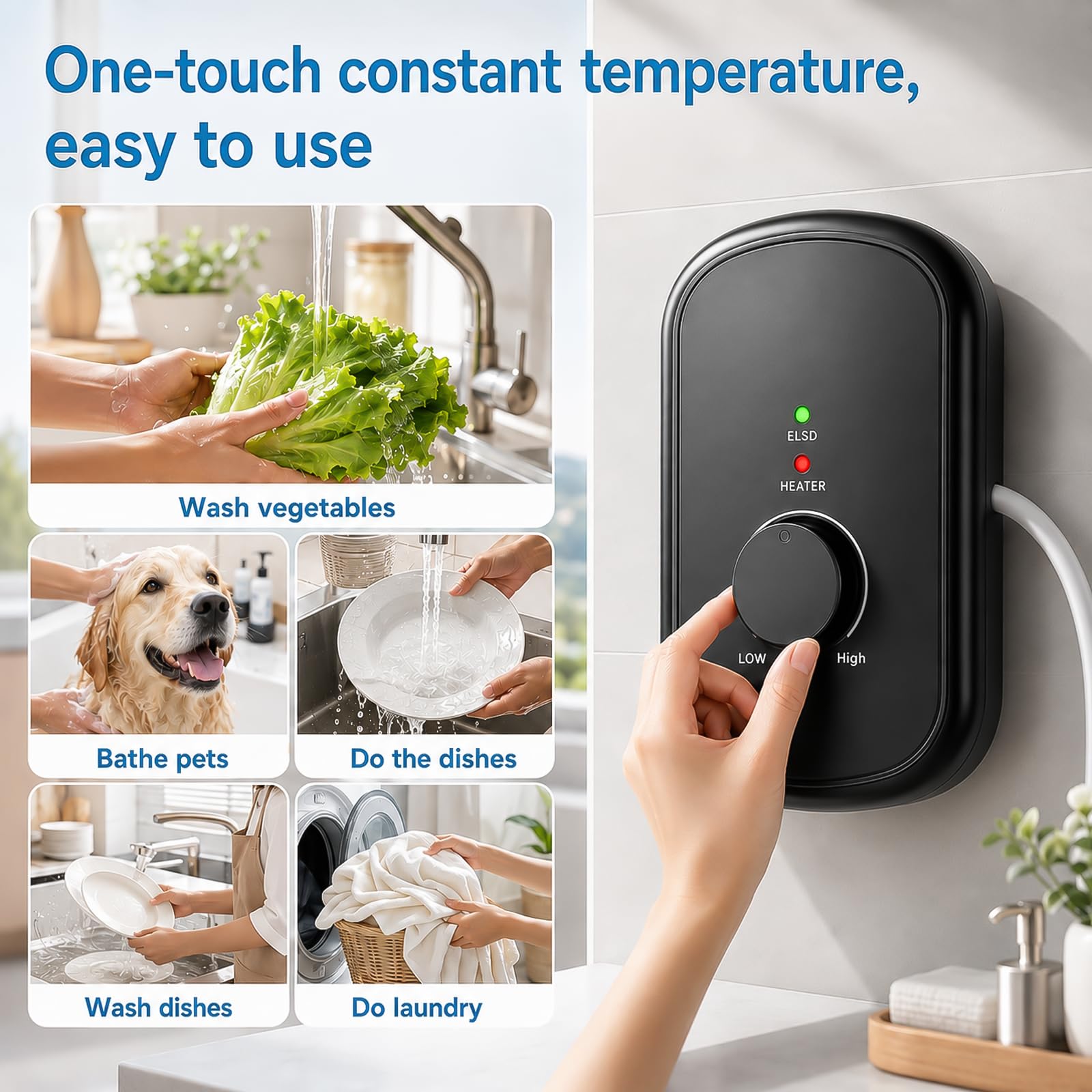 ‌Calentador de Agua Eléctrico Instantáneo 5500W 230V, Mini Ducha Eléctrica con Mandoo Giratorio 30-60°C, IPX4 Impermeable, Calentador Ducha Instantáneo para Baño, Cocina, Lavabo, Jardín‌