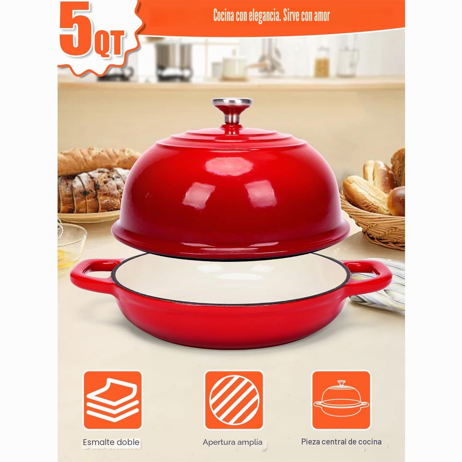GFTIME Olla de hierro fundido para hornear pan, cacerola con tapa, 5 cuartos de cuarto, horno holandés, sartén para pan con cesta de fermentación, cortador, mezclador de masa, olla de hierro fundido