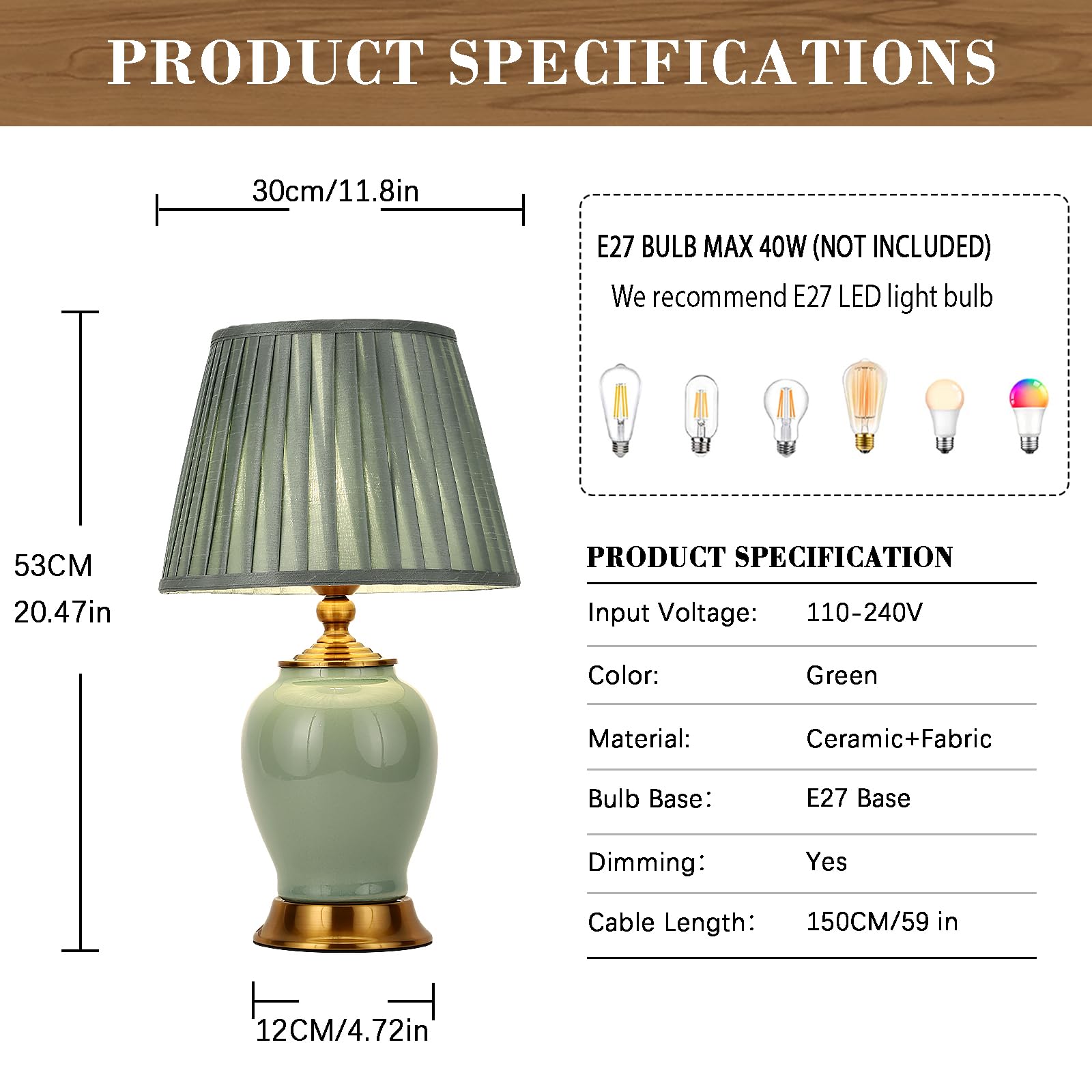 Tischlampe Moderne E27 Nachttisch Lampen, weiße Stoff Lampenschirm Schreibtischlampe, Keramik Nachttisch Lampe Schlafzimmer Dekoration Studie Leselampe, Grün