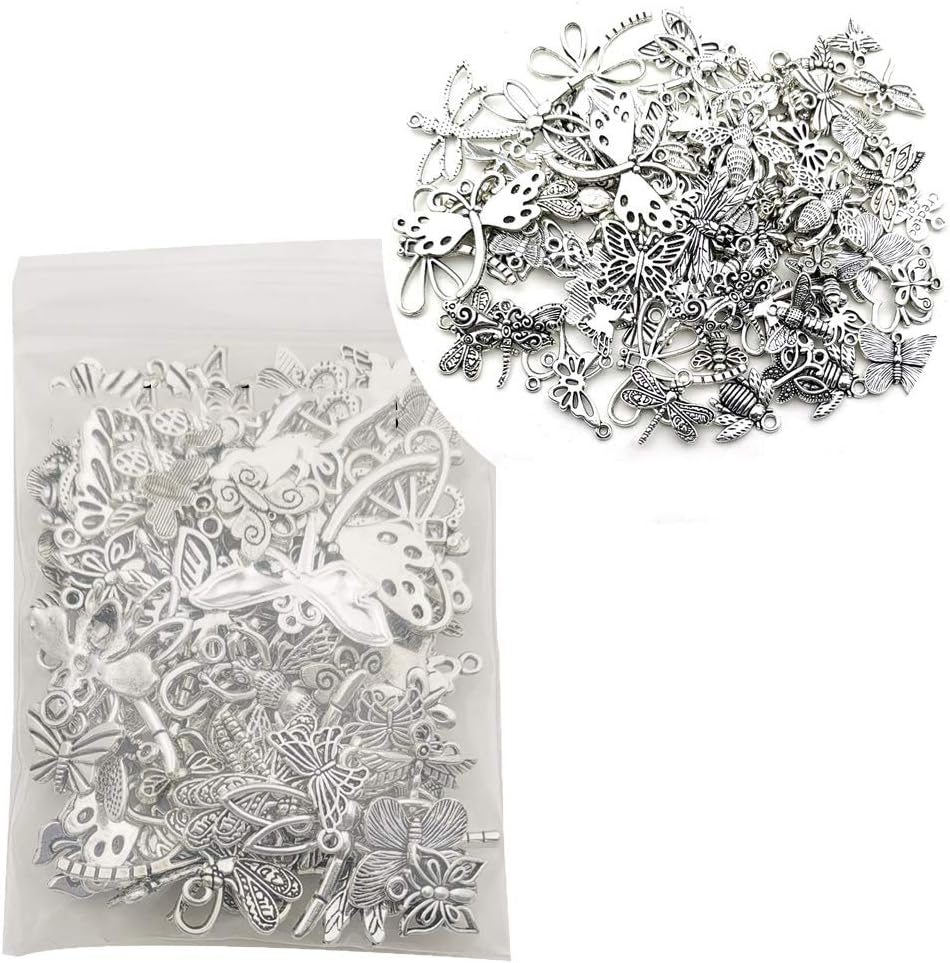 Yukucharms About 80pcs Antique Silver Mixed Butterfly Dragonfly Bee Insect Charms Craft Supplies Jewelry Findings for DIY Necklace Bracelet Making Accessory M295