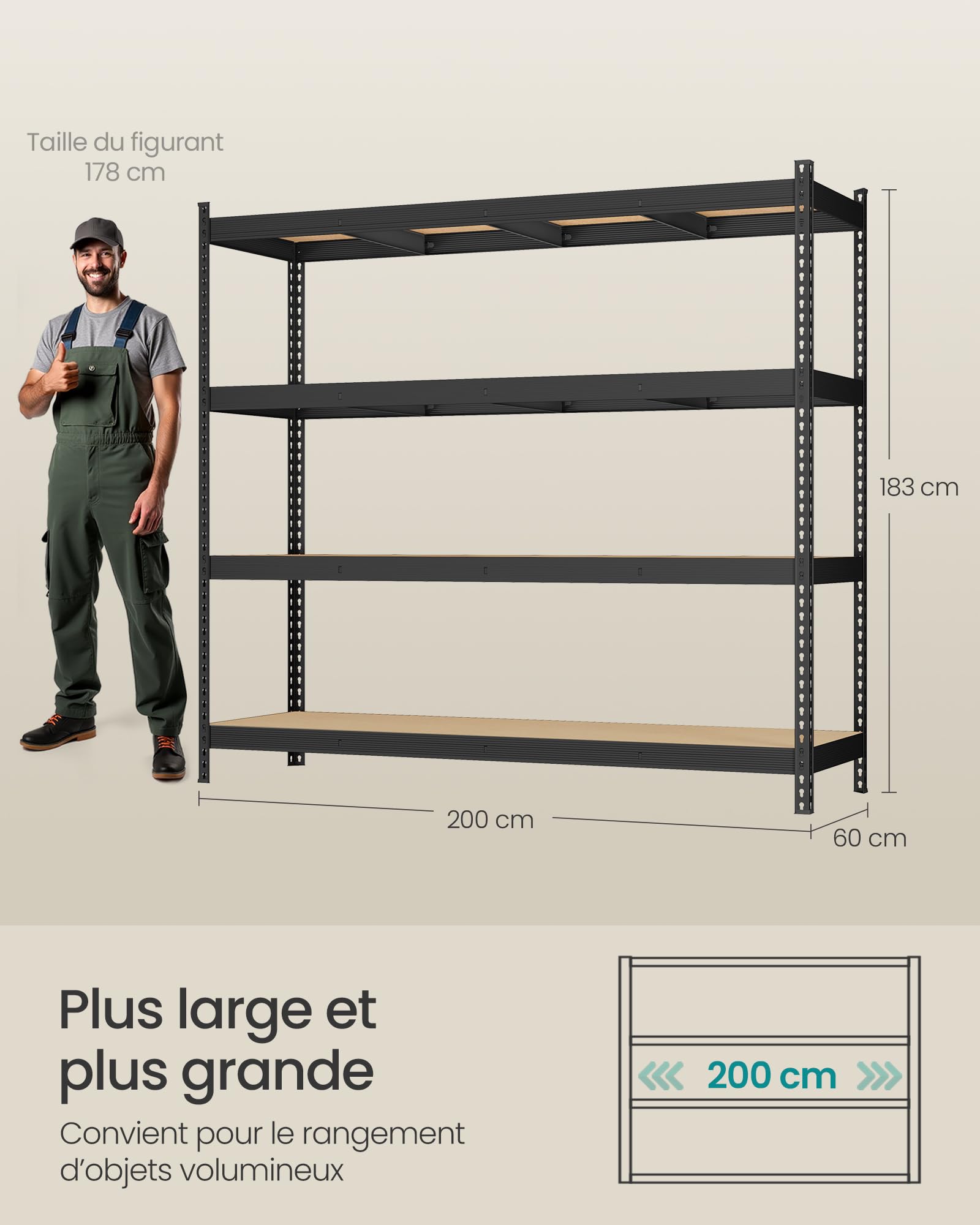 SONGMICS Étagère de Rangement Charge Lourde, Étagère de Garage, 4 Niveaux, Charge Jusqu’à 2000 kg, pour Cave, Garage, Entrepôt, Noir d'encre, 60 x 200 x 183 cm, GLR728BZ01