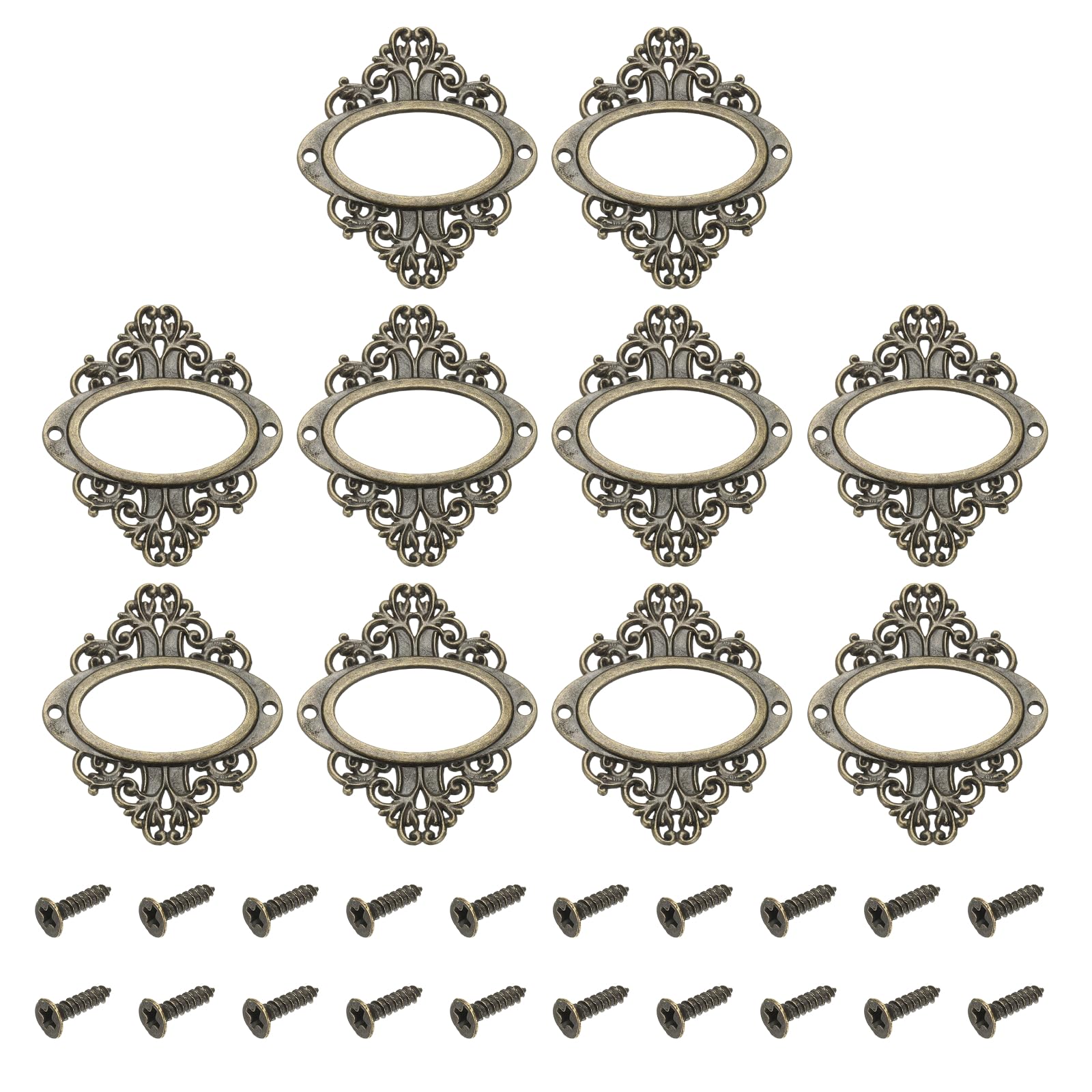sourcing map 10 Pcs Metal Label Holder, 5.6x6.6cm Small Vintage Card Frame Tag Floral Lace Label Holder with Screws for File Boxes Drawers Door Cabinet Book Shelves, Bronze Green