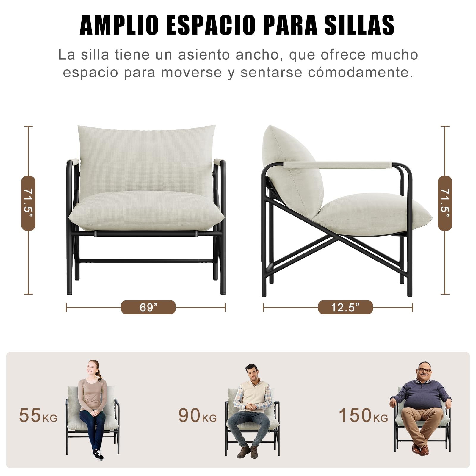 rattantree Sillón Relax Moderno de Salón con Estructura Metálica, Terciopelo Cómodo para Dormitorio y Lectura, Color Blanco (71 x 65 x 65cm)