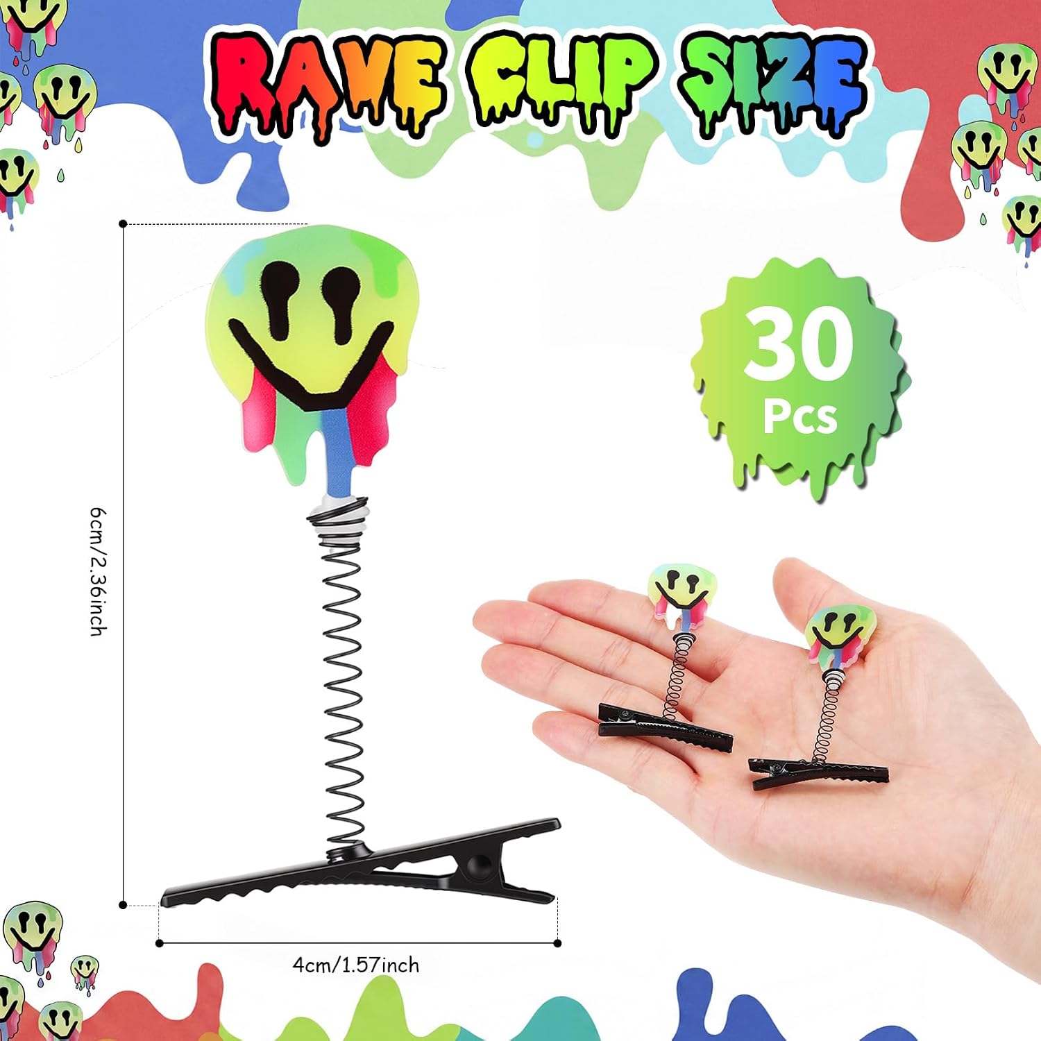 Tigeen 30 Pcs Glow Rave Trinkets Festival Smile Hair Clip Holiday Spring Loaded Funny Emotion Hair Accessories for Women Music Festival Halloween Carnival Costume Cosplay Party Photo Props image 2