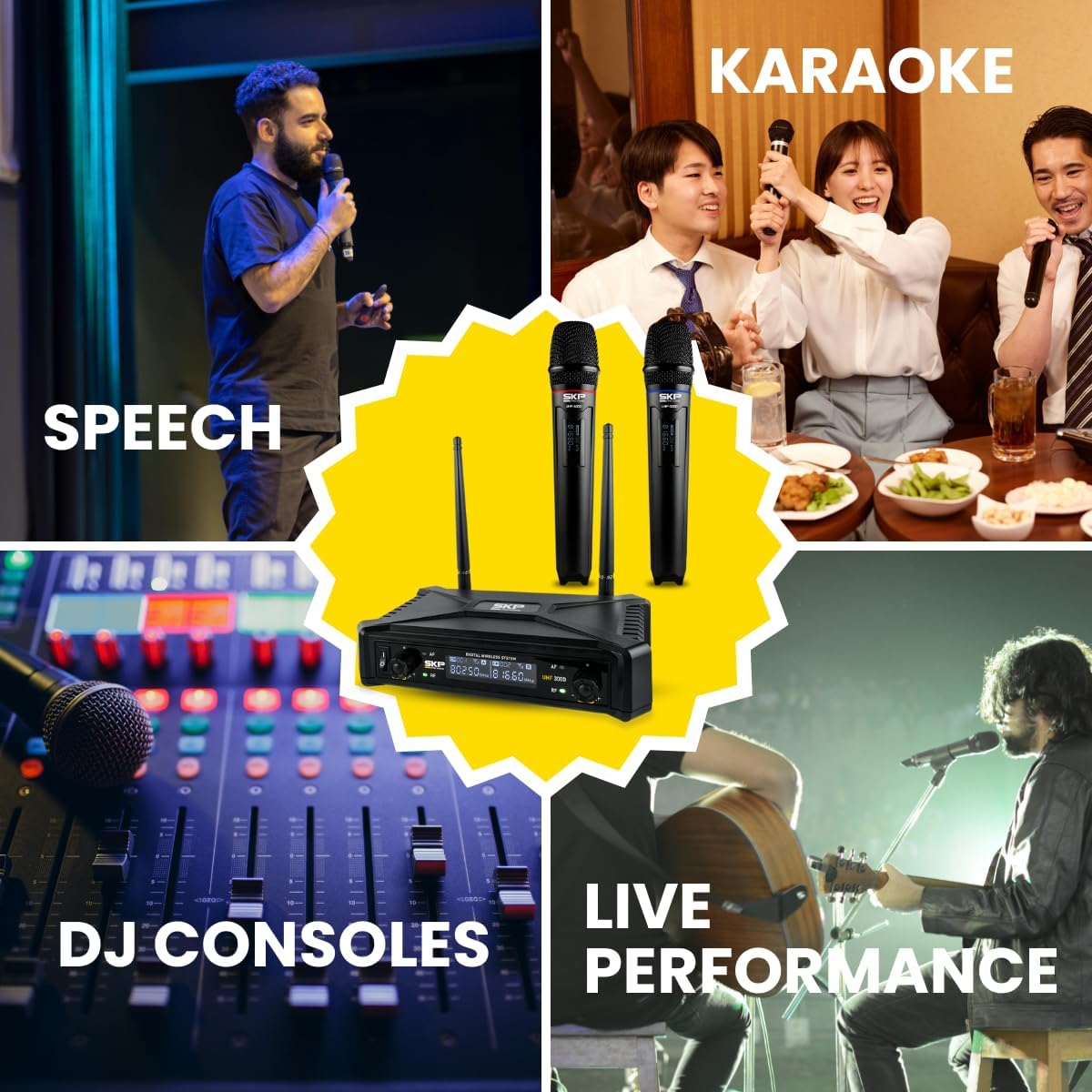 UHF-300D Wireless Microphone System – Dual Handheld Cordless Mics with AA Batteries, 200ft Range, LCD Display, for Singing, Karaoke, Church, DJs, Stage Events - Dynamic mic