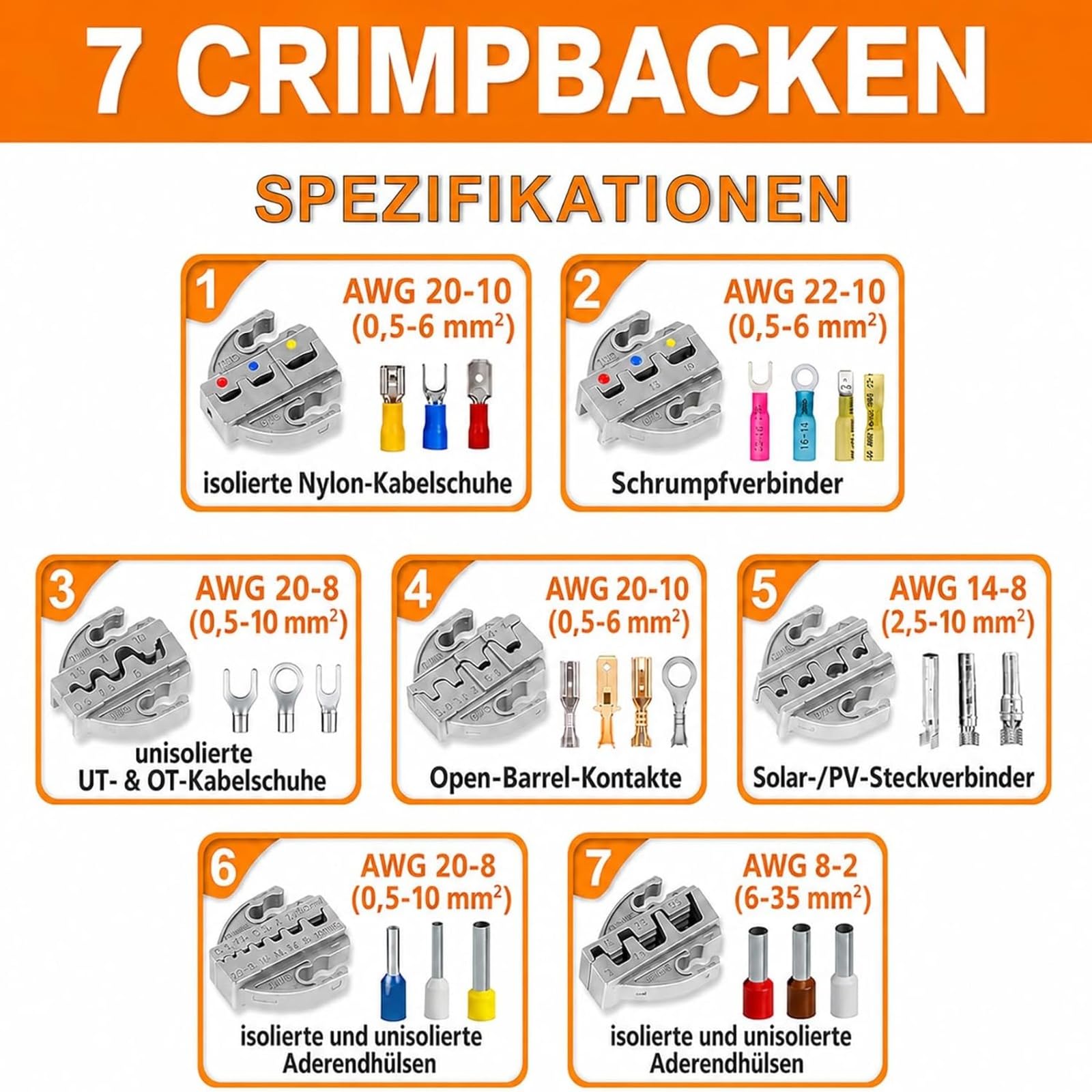 KF CPTEC Crimpzangen-Set, 9-teilig, mit Wechselbacken | Für Kabelschuhe, Aderendhülsen und MC4-Stecker, Ratschenmechanik, Werkzeugkoffer