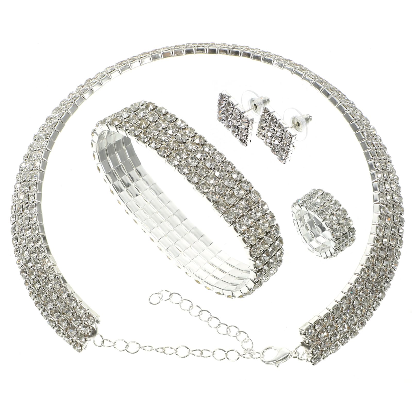 LIFKOME Novia Pendientes collares para mujer bolsas Collar plateado anillo collar de diamantes de imitación para mujer de joyería de san valentín aleación Silver