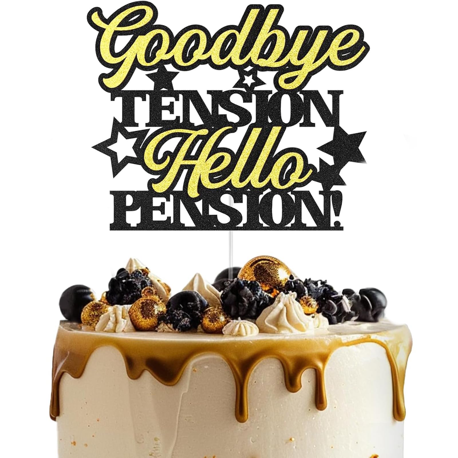 Retirement Cake Topper - Happy Retirement Cake Decor with Funny Saying "Goodbye TENSION, Hello PENSION!" - Elegant Black Gold Party Decoration for Adult Celebration 2.2 五点描述