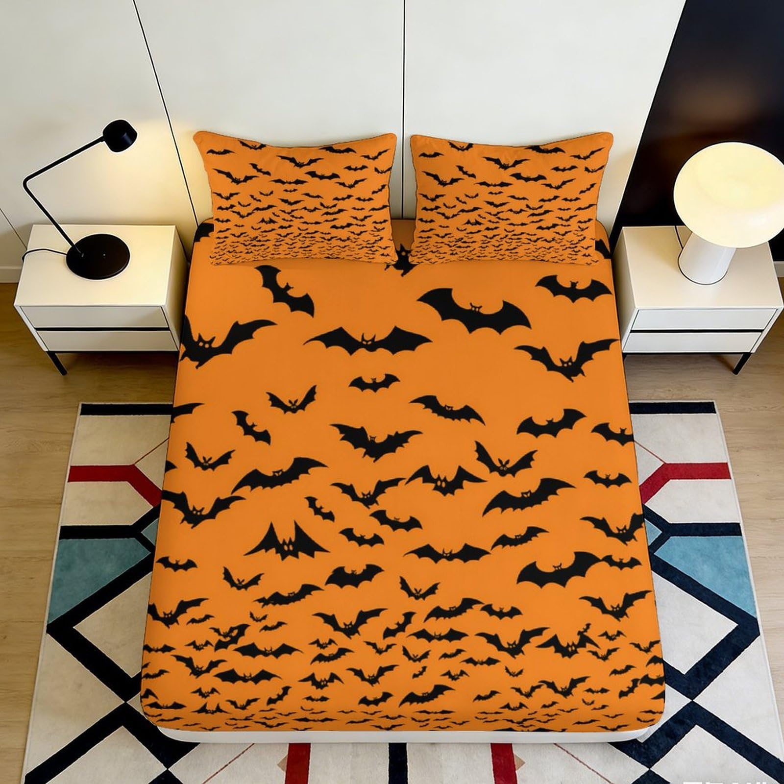 3D Printed Halloween Bats Fitted Sheet Microfiber Orange Bed Cover for Bedroom Dorm Mattress Protection Decor 90x200x25cm