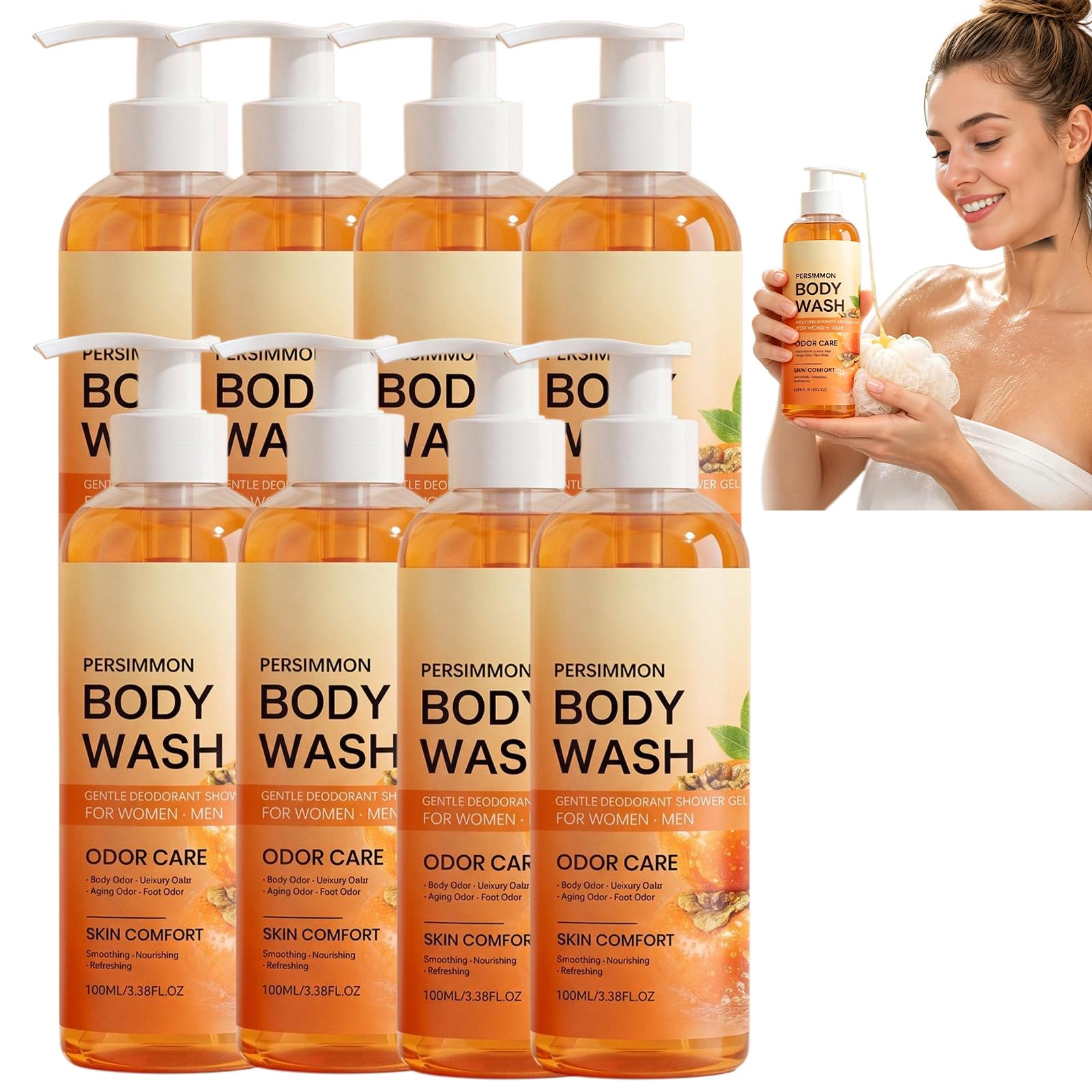 Persimmon Body Wash zur Geruchskontrolle, Natural Persimmon Soap Bar, Natural Deodorizing Bar Soap, Deep Cleansing Body Wash Deodorizing, Gentle Shower Gel für empfindliche Haut (8pcs)