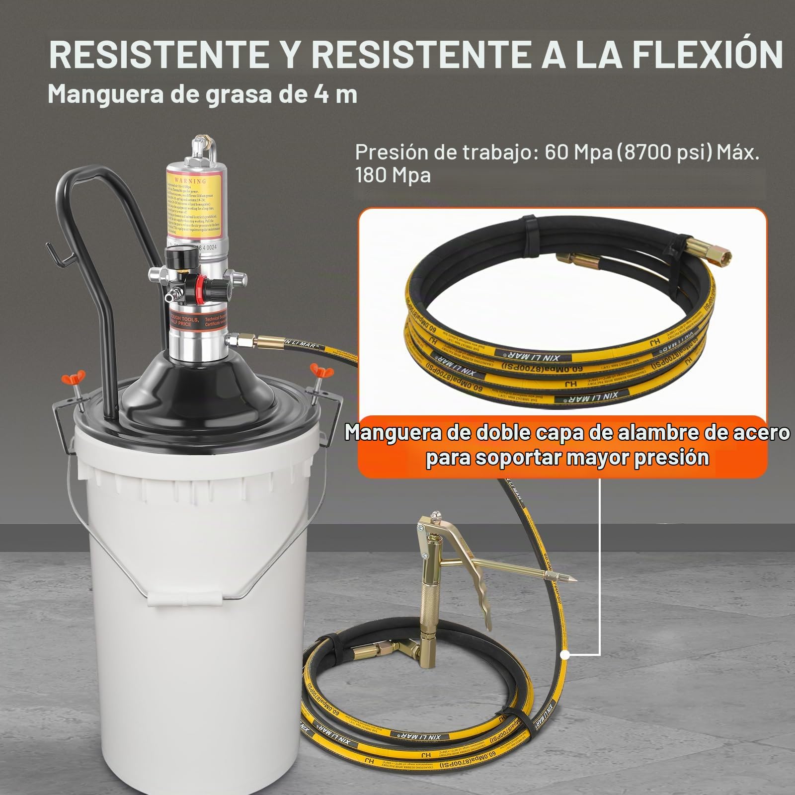 VEVOR Bomba de Grasa Neumática Relación de Presión 50:1 Bomba Neumática de Cubo de Grasa Manguera de 4m Pistola de Grasa Bomba de Grasa Portátil con Tapa de Barril Cabezal de Pistola de Grasa de 360°