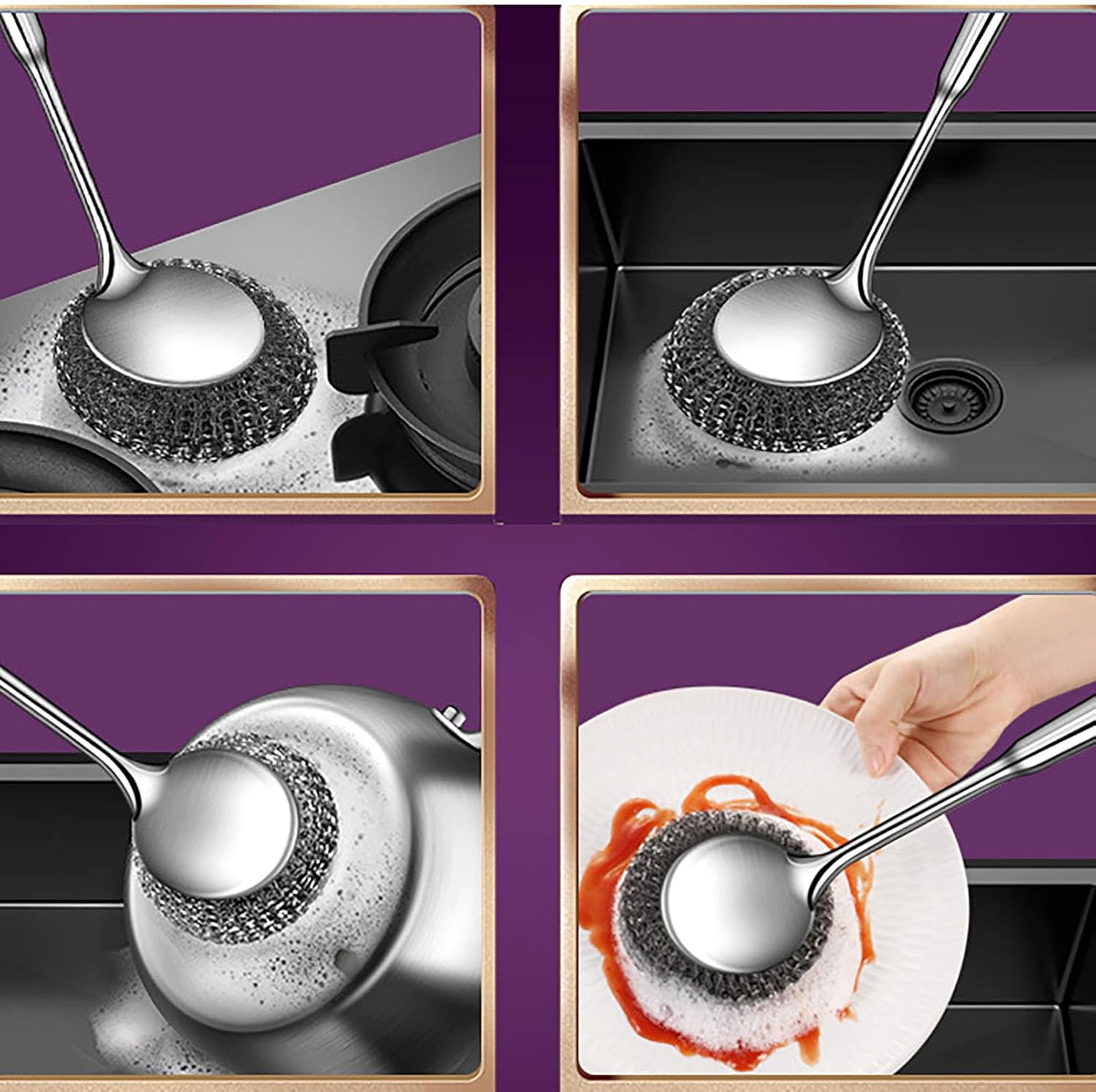 Long Handle Steel Wire Ball, Bold and Thickened 14.5 Inch Stainless Steel Ball Brush and 2 Additional Wire Balls for Pot, Bottle and Closestool (Wood)