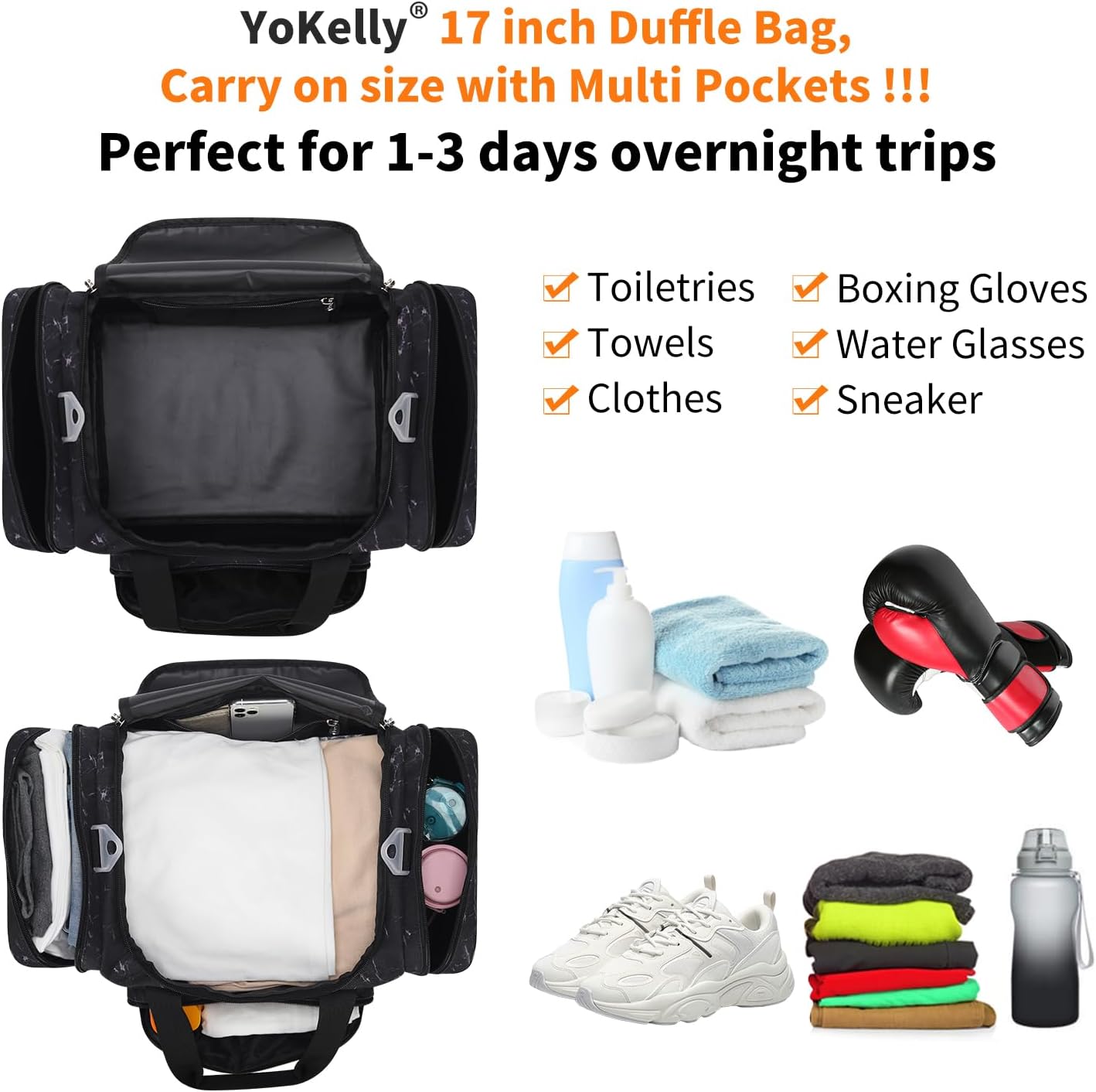 17 inch Small Duffle Bag - Carry On Weekender Bag for Travel Gym Sport - Black Marble - Image 3