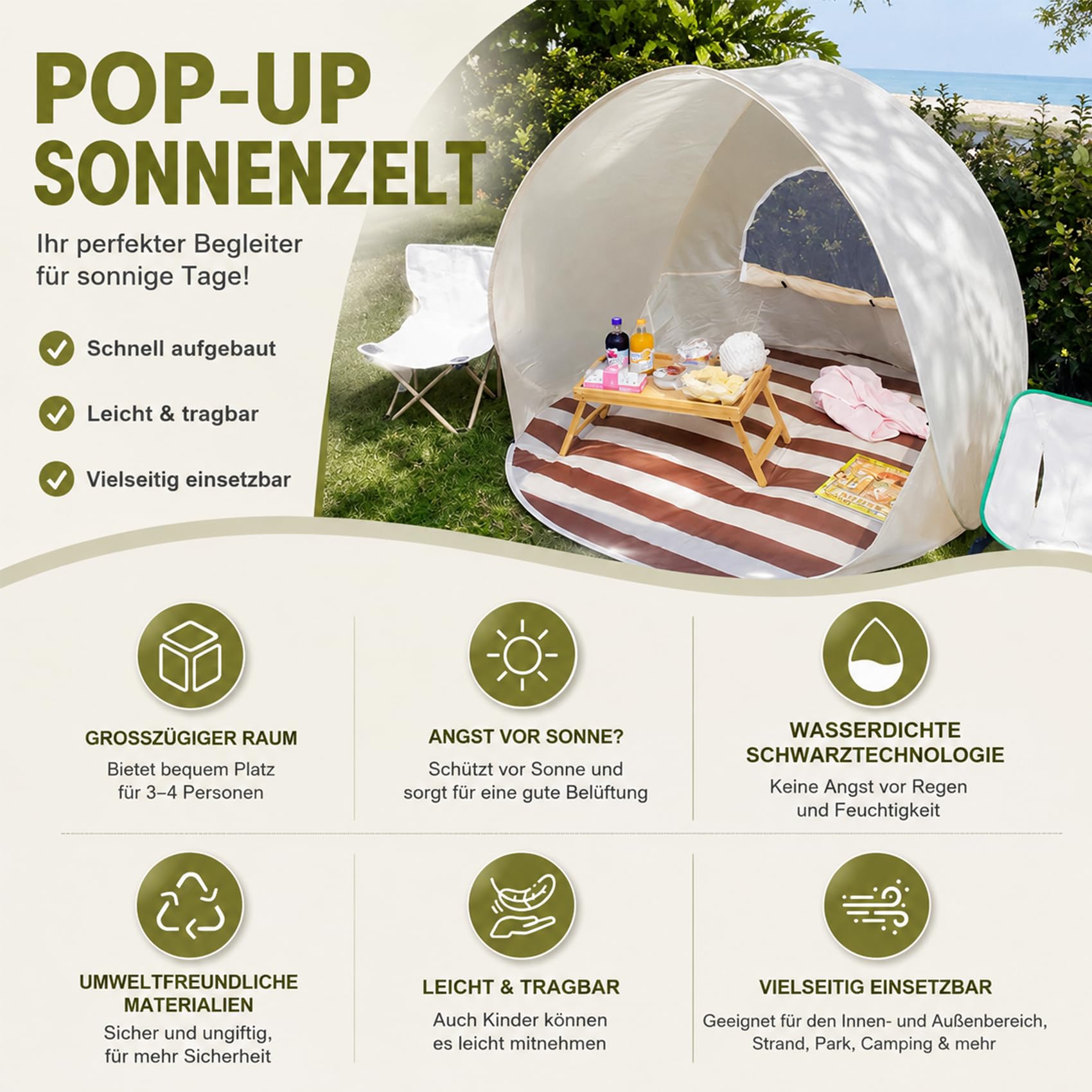 Strandmuschel Baby Uv Schutz 50, Großes Strandzelt, Familienzelt für 2-3 Personen, Leicht & Tragbar, Wasserdicht, Sonnenbeständig – für Wanderungen, Strand und Camping (A)