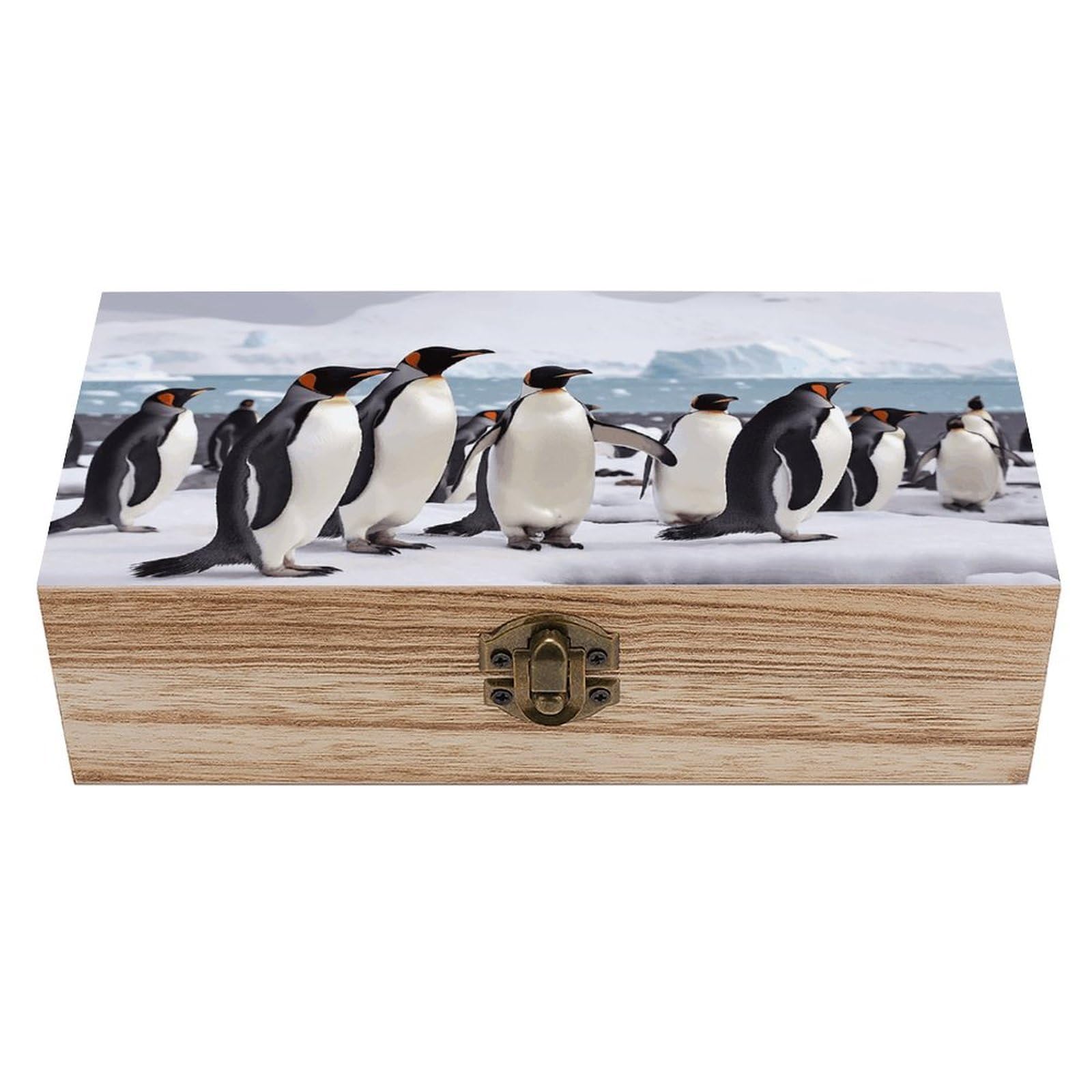 Fekiloot Men's Style Antarctica Penguins Wooden Keepsake Box Wooden Box With Hinged Lid Decorative Storage Boxes Unique Gift Ideas For & Wo （Size 7.9" X 3.9" X 2.3"）