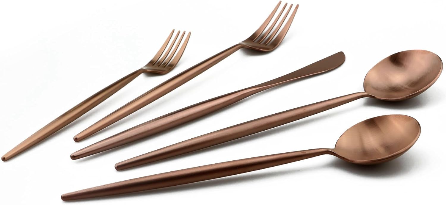 20-Pieces Rose Gold 18/10 Stainles Steel Flatware Set, Knife Fork Spoon Silverware Set Dinnerware Set Service for 4, Matte Finish, Dishwasher Safe