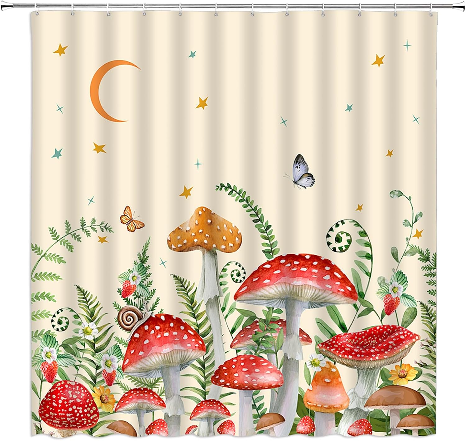 Mushroom Shower Curtain Butterfly Floral Moon Stars Boho Retro Botanical Wildflowers Plant Fabric Bathroom Decor Set with Hooks(74.8" Wx70 H)