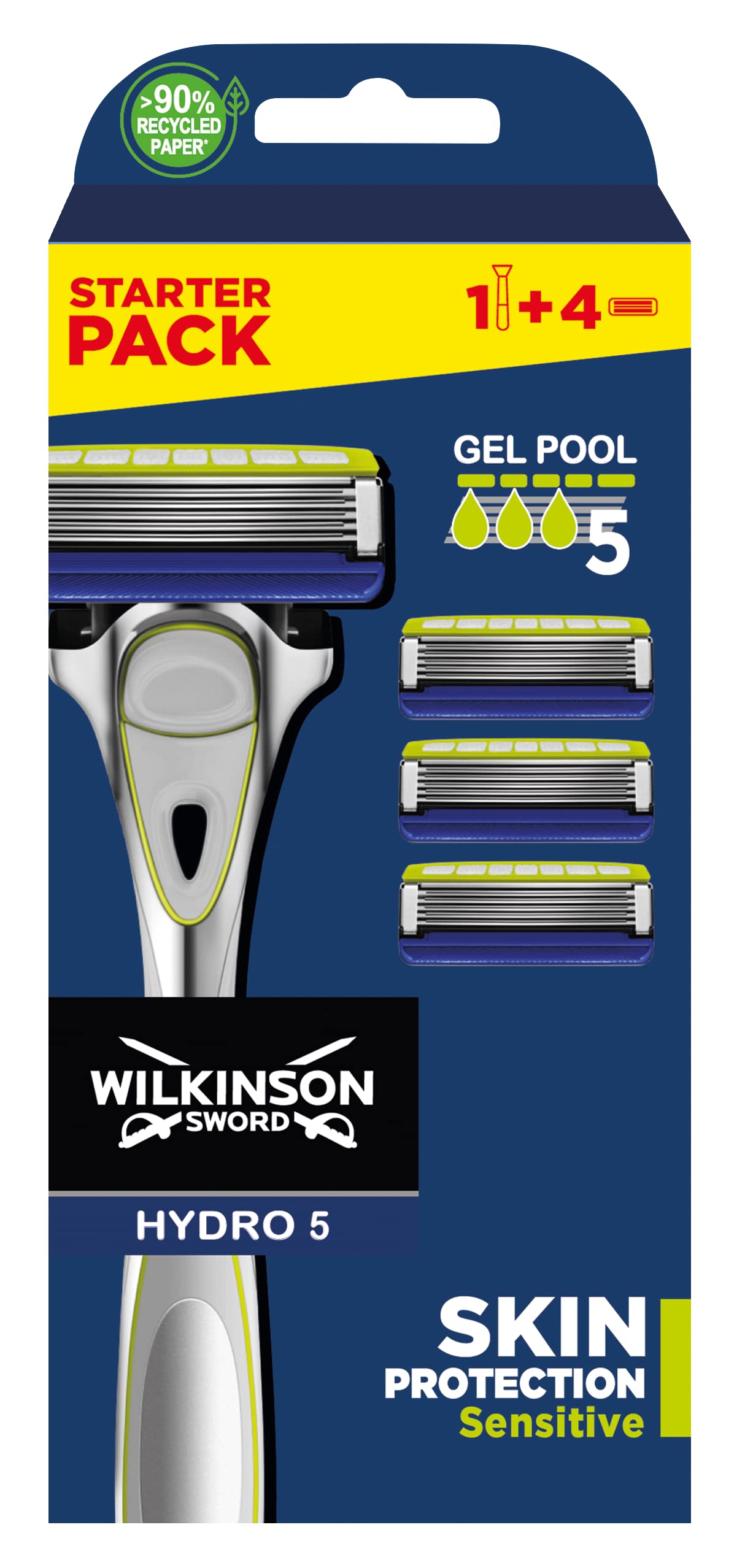 Wilkinson SwordHydro5 Skin Protection Sensitive - Special Pack - 1 Handle, 4 Refill Blades (5-Blade, Moisturizing Gel, Sensitive Skin, Men's)