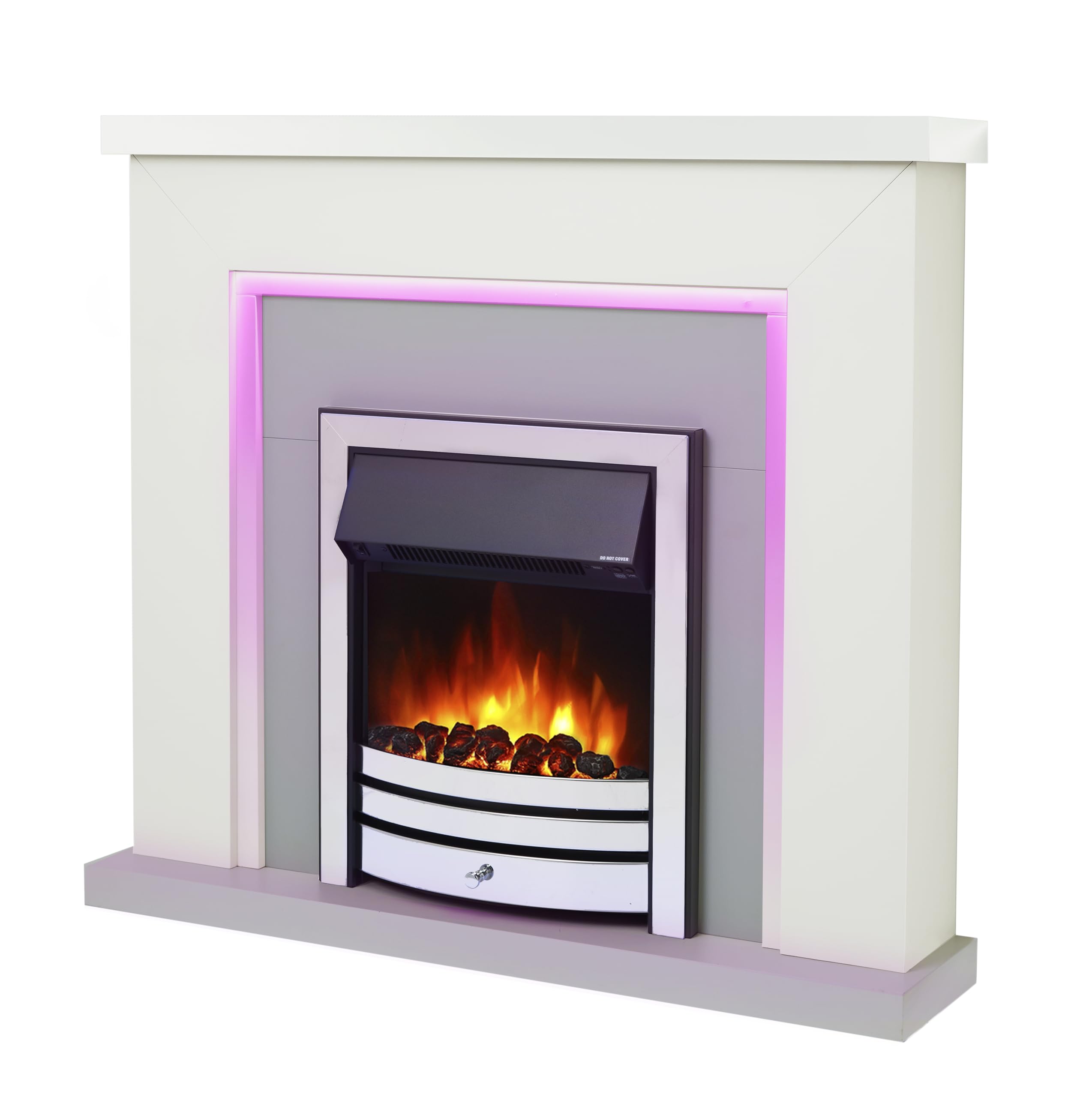 Endeavour Fires And Fireplaces White Top/Grey Hearth/Chrome Fire Endeavour Fires Bempton 42" Electric Fireplace Suite With Flame Effect & Coal Bed, Remote Control, Custom Surround, 13-Colour Led Lighting, Eco Heater,