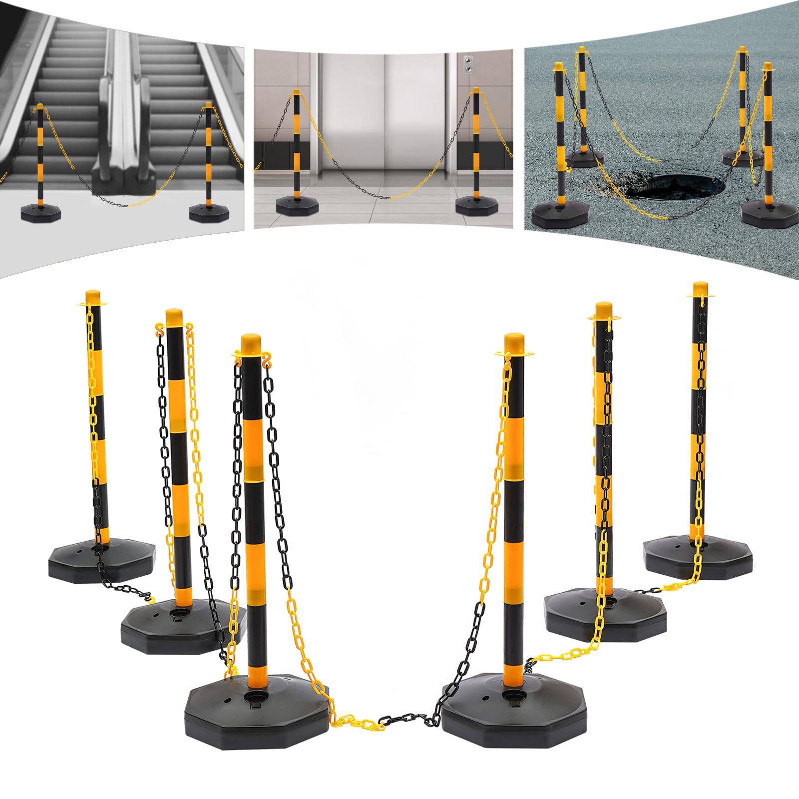 6 postes de barrera con 5 cadenas de plástico de 2 m de color amarillo y negro, cintas de barrera para control de tráfico o advertencia en la entrada, garaje, puerta, etc