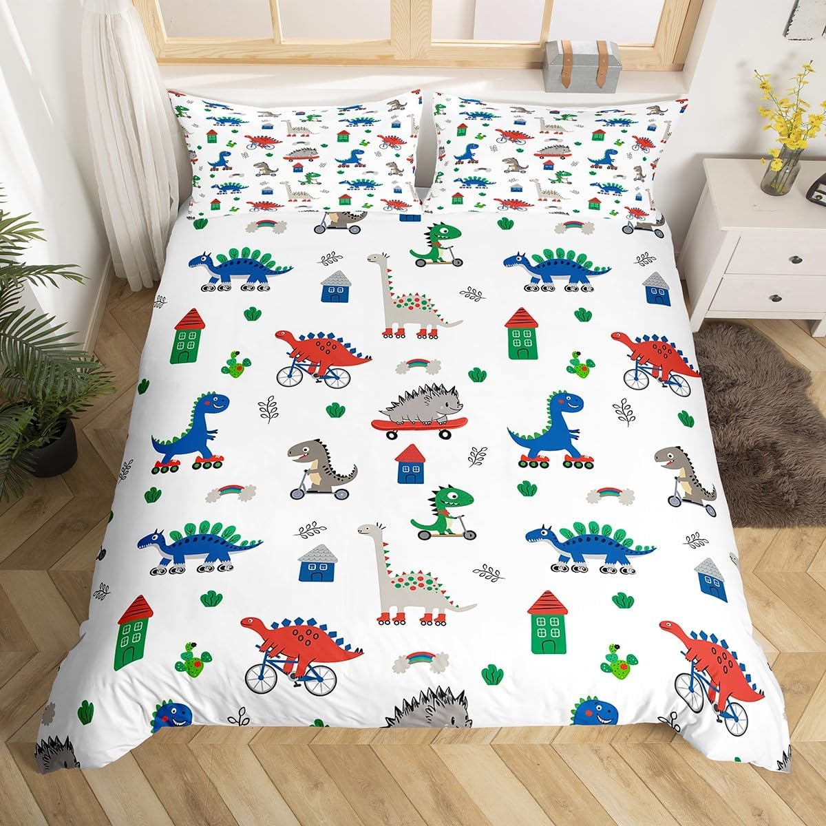 Feelyou Kids Cartoon Dino Duvet Cover Full Size, Blue Green Dinosaur Bedding Set Boys Girls Kawaii Comforter Cover Jungle Dino Bedspread Cover Microfiber Bed Set with 2 Pillow Case (No Comforter)