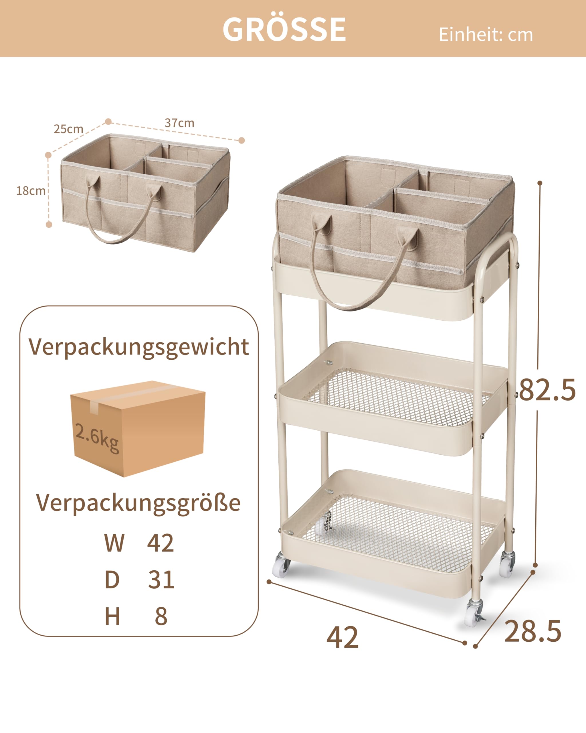 Fortella Wickeltisch Organizer Tragbar mit Rollwagen, für Baby Erstausstattung Neugeborene Wickeltasche und Newborn Baby Essentials, Auch als Servierwagen mit Rollen, Küchenregal Kleines Regal (Braun)