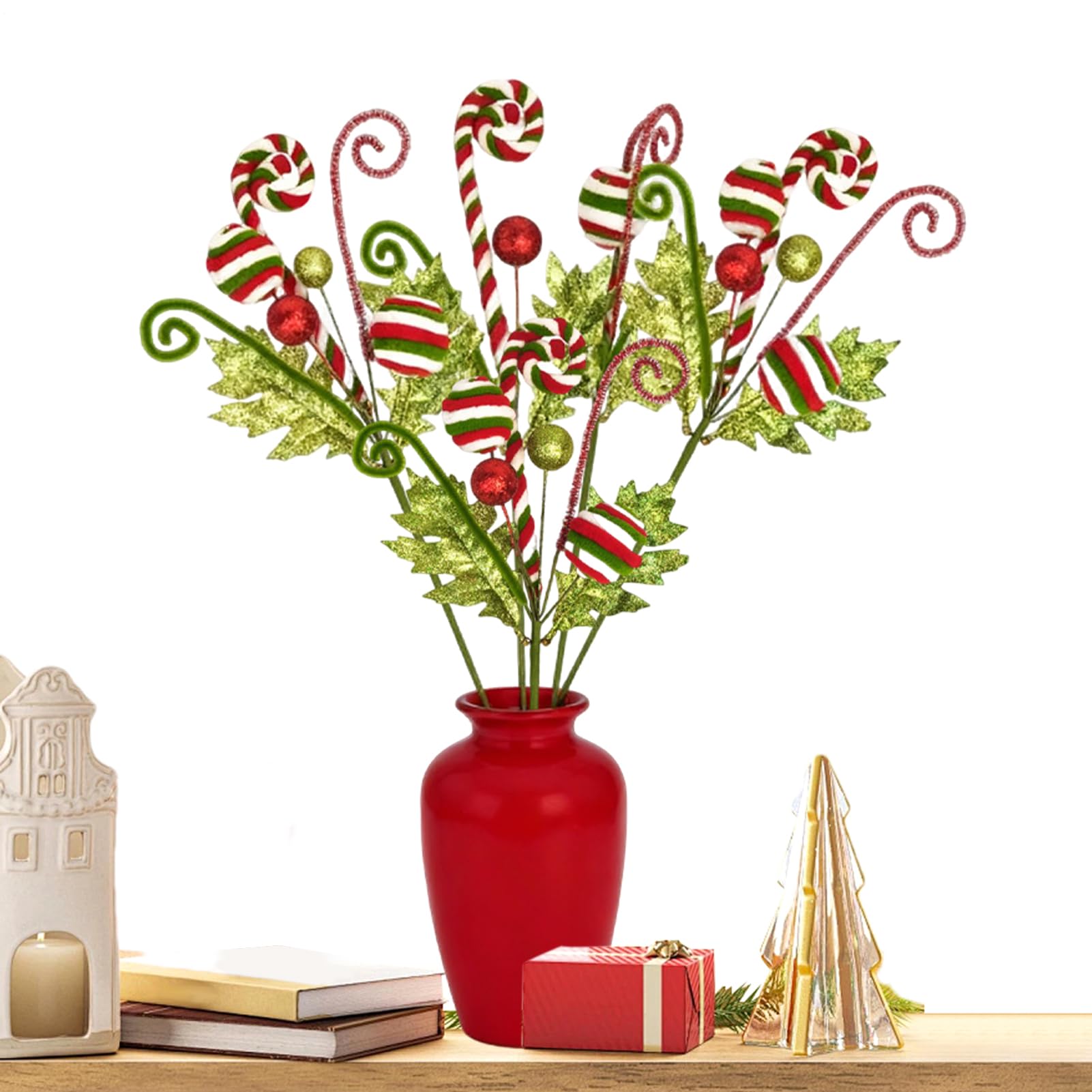 Pics de Noël pour sapin avec sucre d'orge rouge et blanc à paillettes pour fête