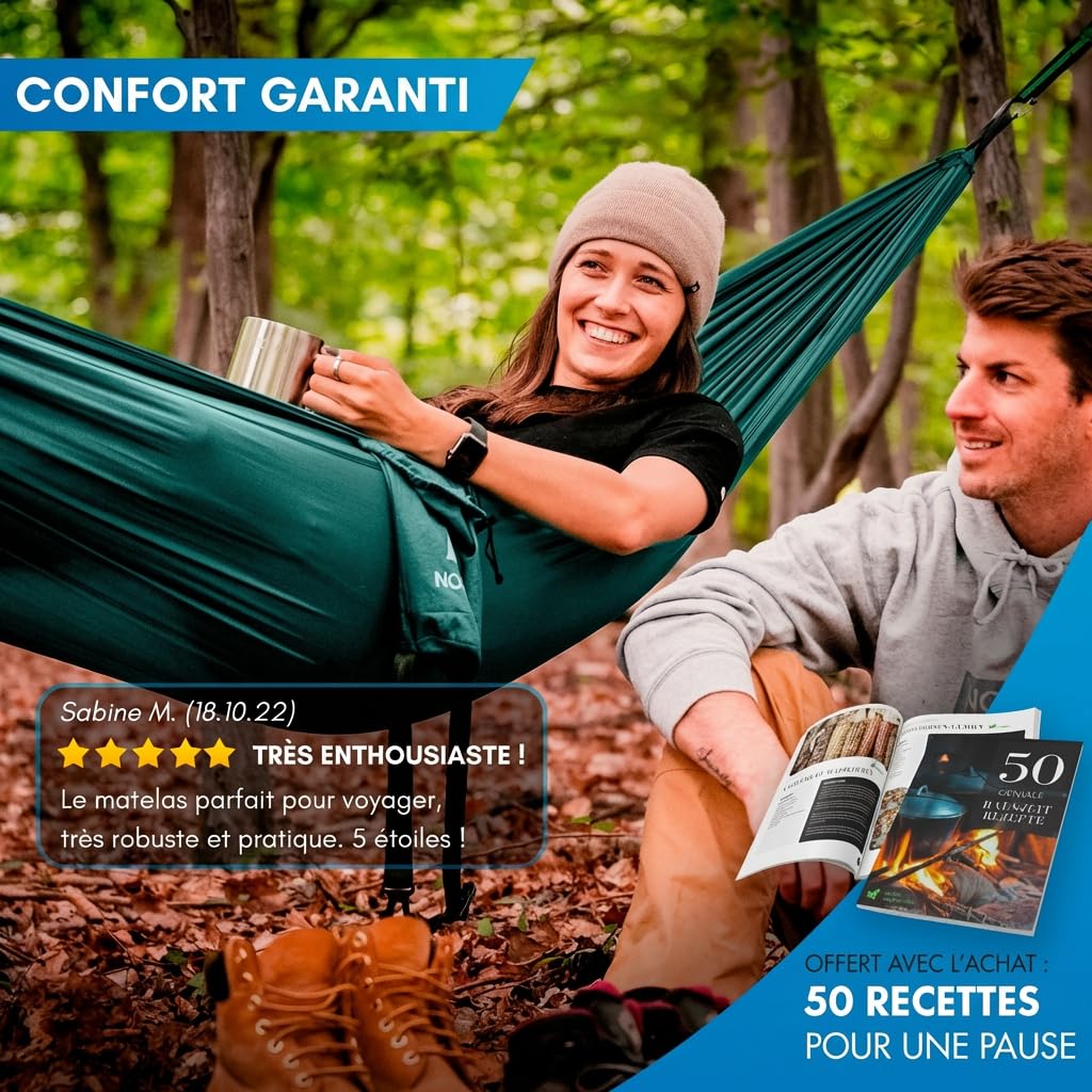 NORDMUT® Hamac Ultra Léger Outdoor [avec Kit de Fixation] – Hamac de Camping avec Kit de Protection des Arbres pour Camping, Outdoor et Jardin – Charge Max 225 kg (Bleu, 140 x 275 cm)