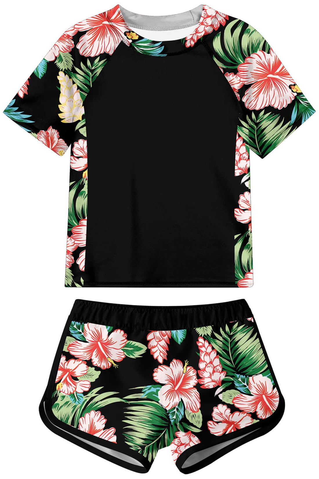 Girls Swimming Costume Kids UPF 50+ UV Sun Protection Rash Guards Swimsuit Printed Swimwear Sets for Teens 8-14 Years