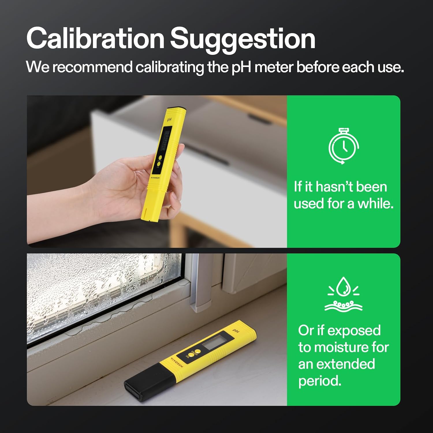 Step-by-step visual guide for pH meter auto-calibration using buffer powder and distilled water. Shows mixing, pressing 'CAL' button, and display flashing.