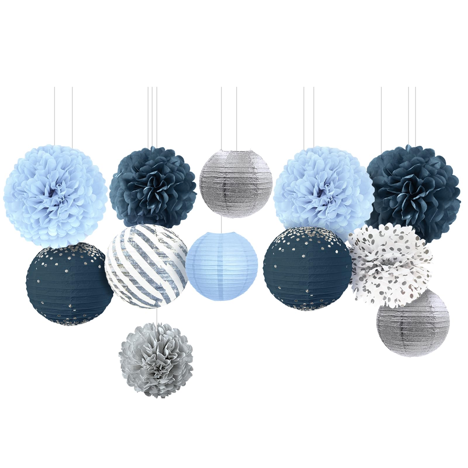 NICROLANDEE Dusty Blue Wedding Decorations, 12 PCS Blue Grey Tissue Pom Poms Paper Lanterns Decor for Birthday, Bridal Shower, Baby Shower,