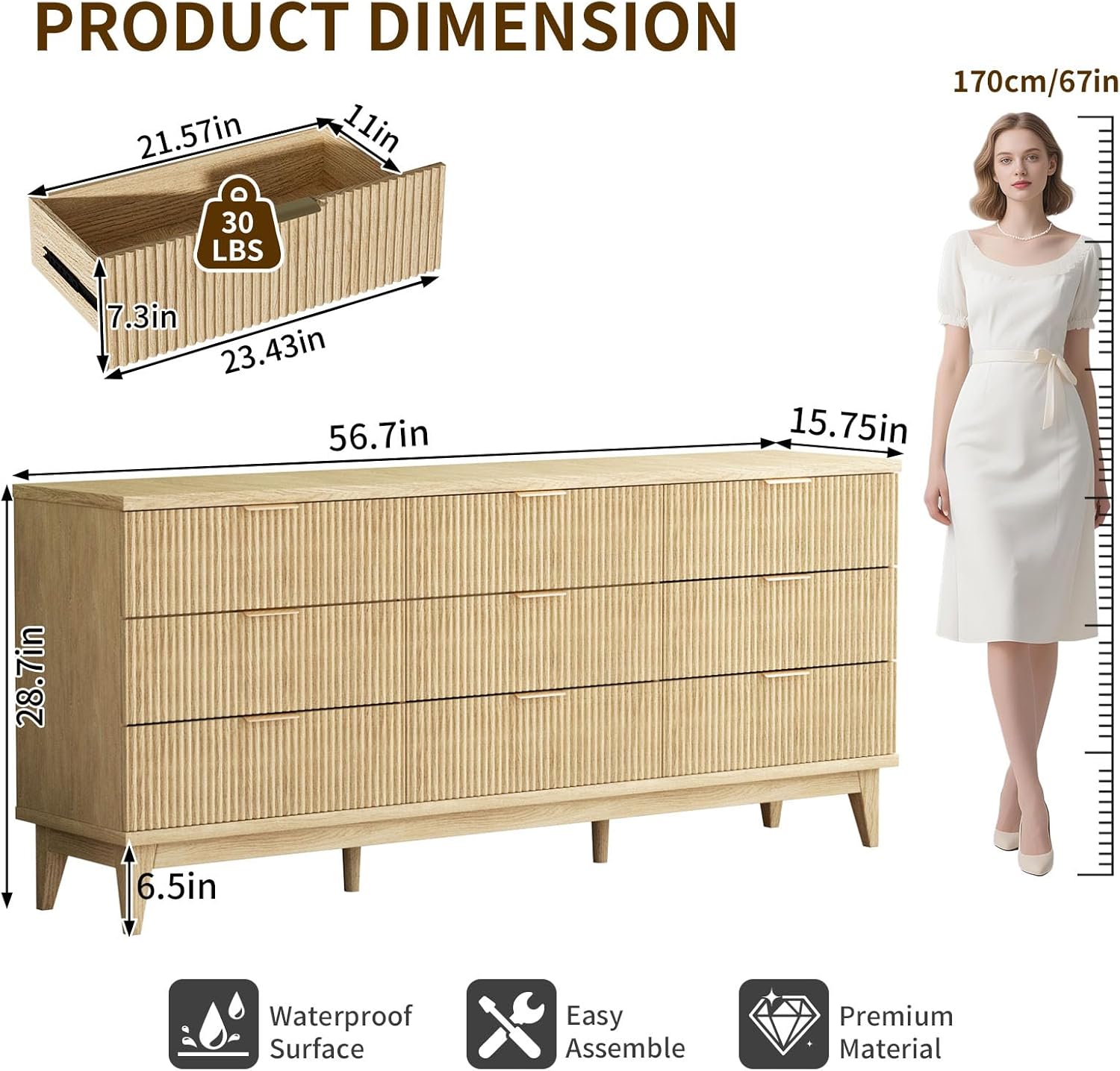 SHGJ&SOFT Fluted Dresser for Bedroom with 9 Drawers, 56.7" Wide Chest of Drawers, Gold Handle, Dresser TV Stand, Modern Wooden Dresser, Storage Organizer for Bedroom, Living Room