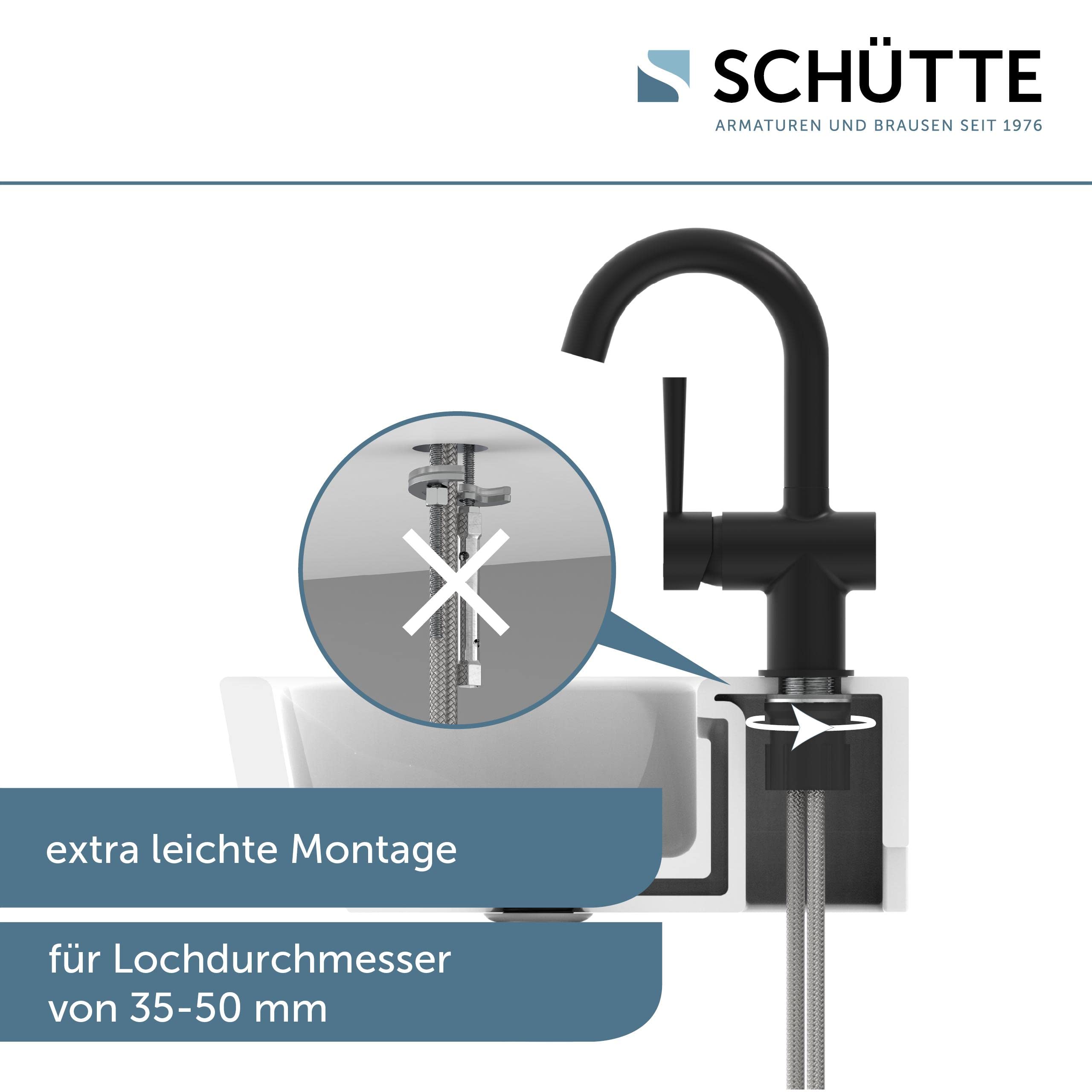 SCHÜTTE 79016 Bateria umywalkowa CORNWALL z wysokim wylewką, kran do łazienki z mimośrodowym pop-up, armatura łazienkowa z mieszaczem jednouchwytowym, bateria mieszakowa w kolorze czarnym matowym